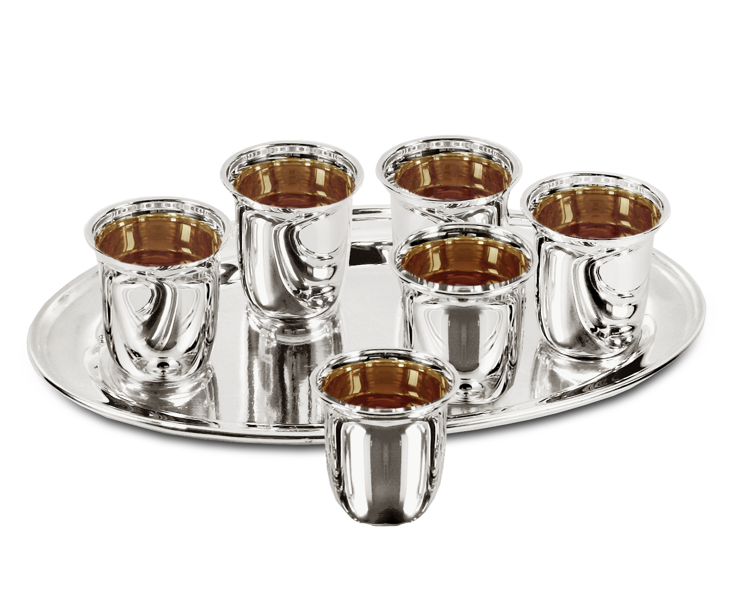 Schnapsset 7-teilig, 6 Becher und Tablett, schwerversilbert, 22x15 cm, Becher H 5 cm, Füllmenge 4 cl