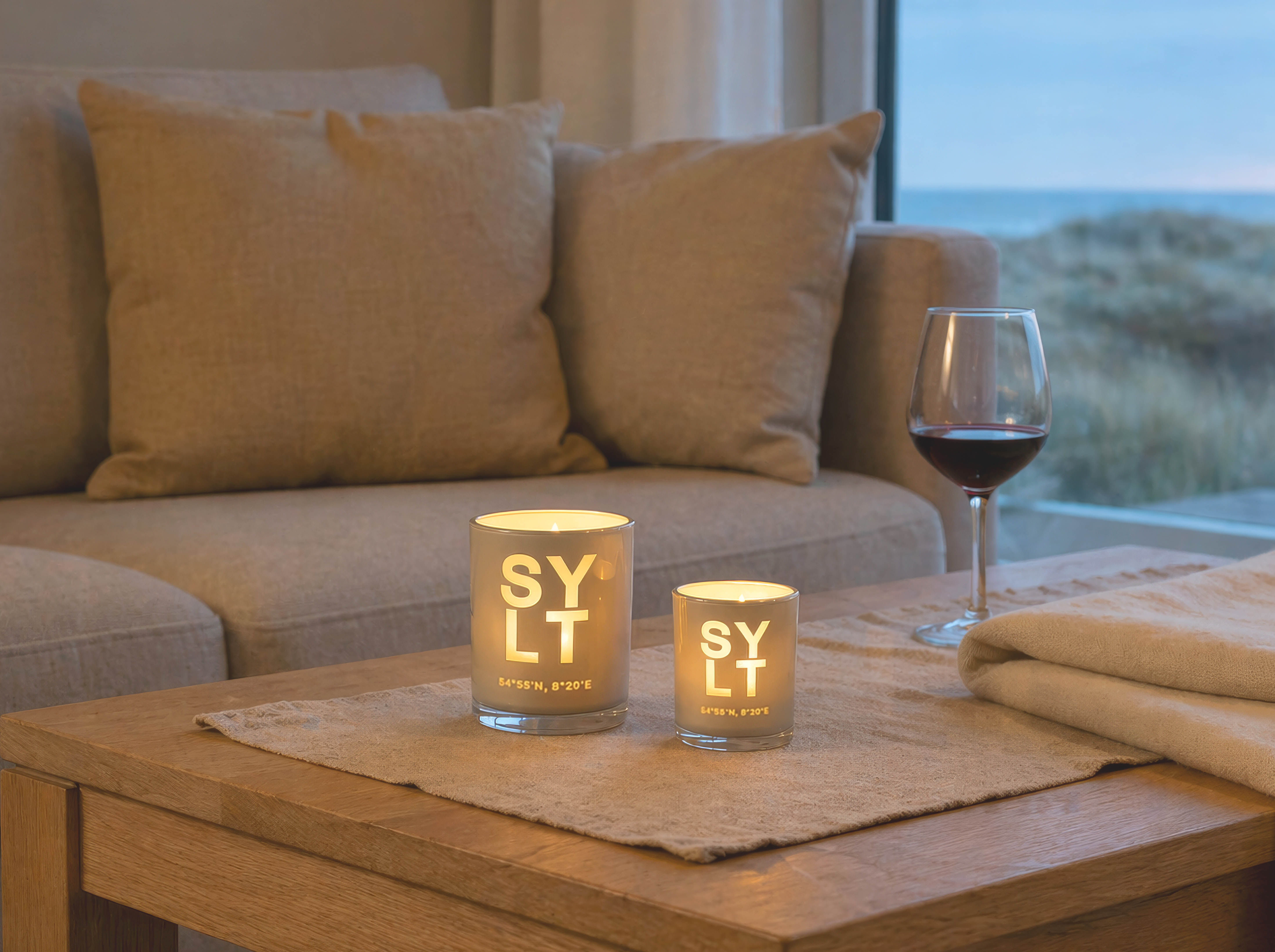 2er-Set Teelichtglas Sylt (Höhe 8 & 12,5 cm), grau, Sylt-Motiv