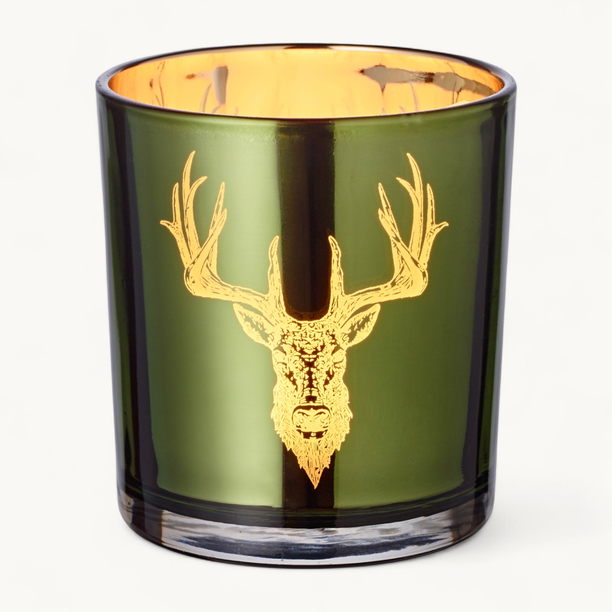 SALE Teelichtglas Alex (Höhe 8 cm), grün & goldfarben, Hirsch-Motiv