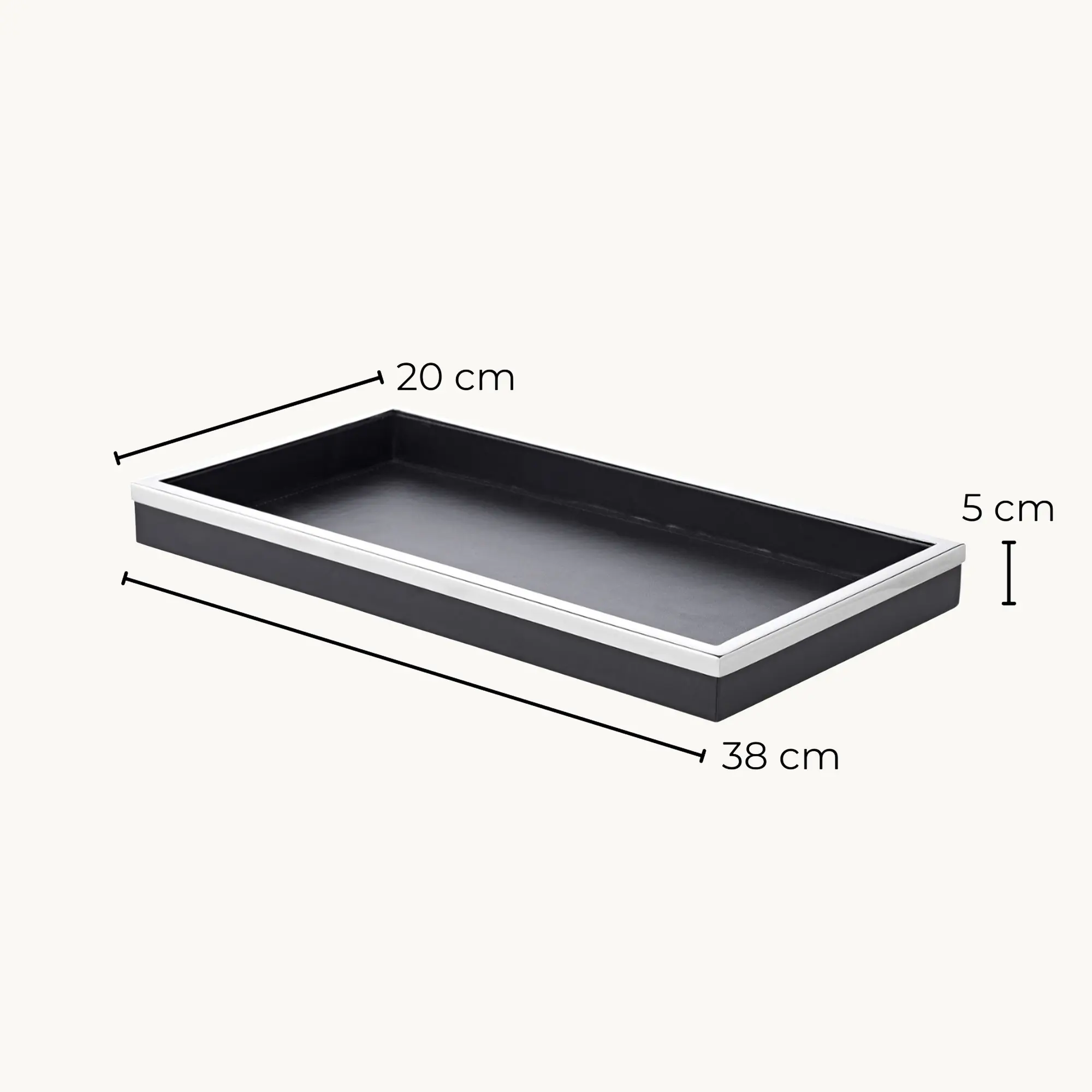 Tablett Jake (38x20 cm), schwarz, rechteckig, Stahl mit Kunstlederbezug