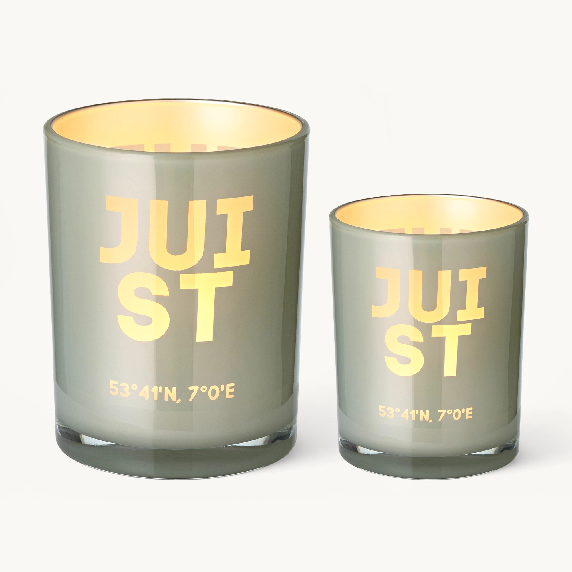 2er-Set Teelichtglas Juist (Höhe 8 & 12,5 cm), grau, Juist-Motiv