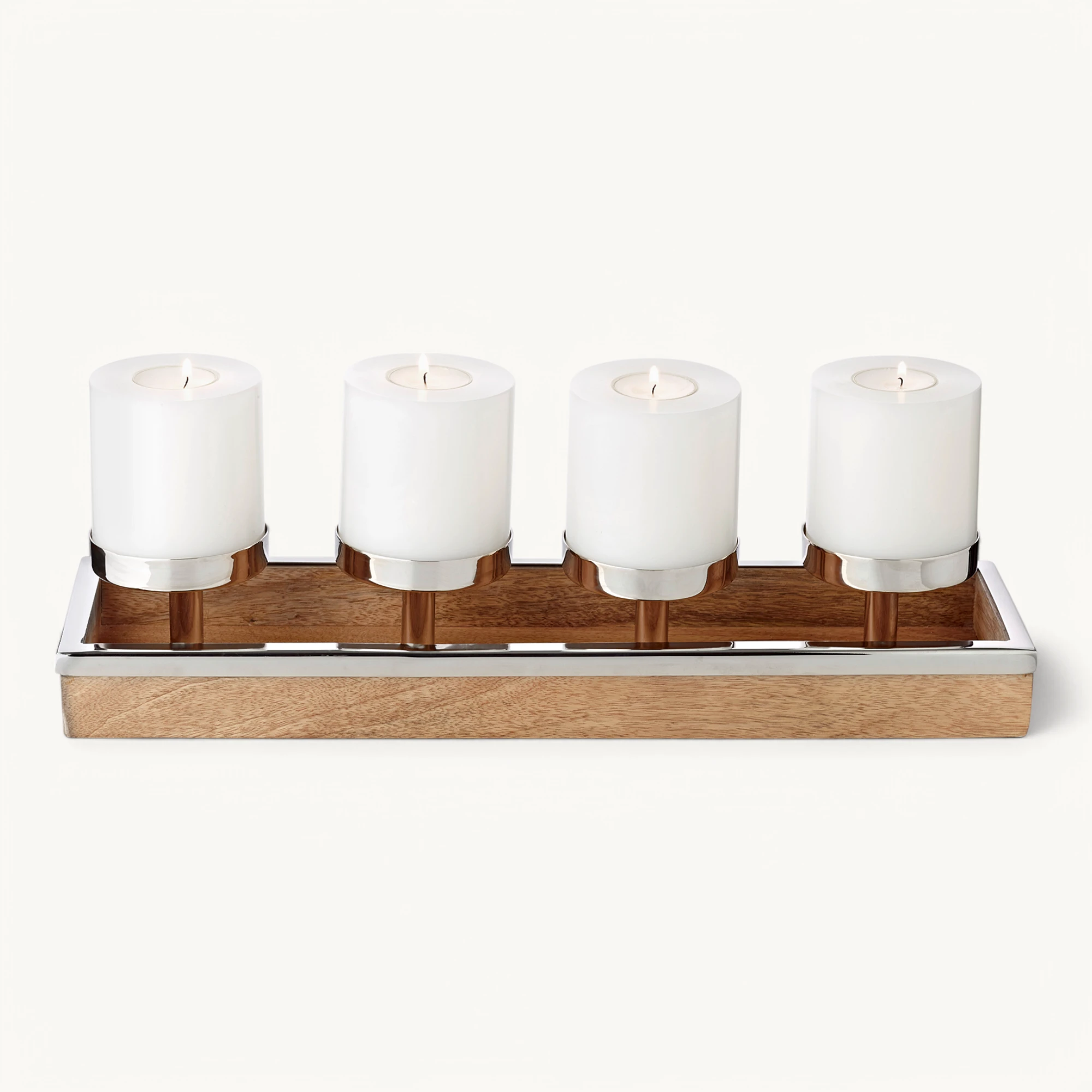 Adventskerzenhalter Lille (Höhe 9 cm, Länge 45 cm), Edelstahl und Mangoholz, für 4 Kerzen ø 8 cm