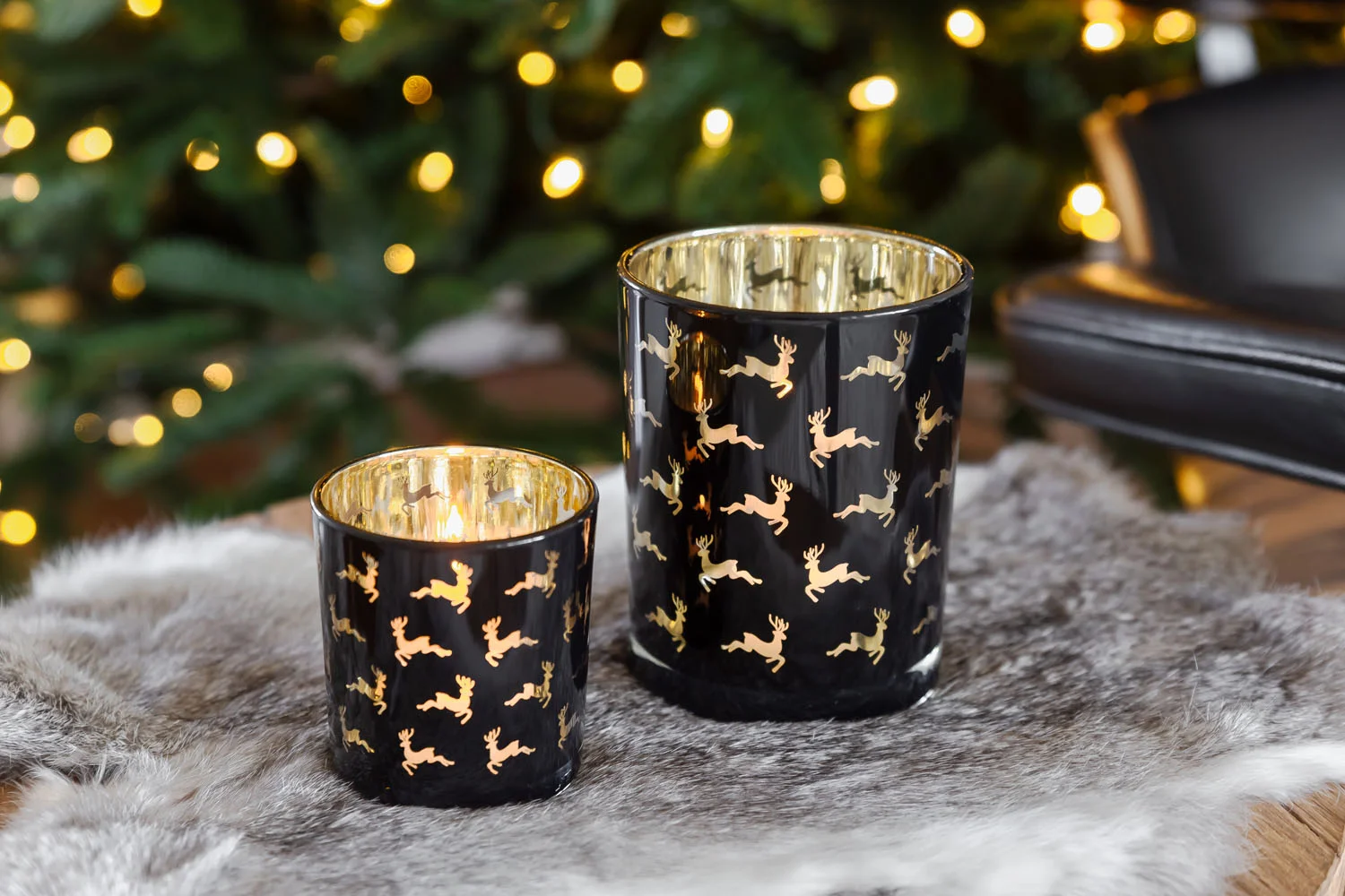 2er-Set Teelichtglas Luna (Höhe 8 & 13 cm), schwarz, Hirsch-Motiv