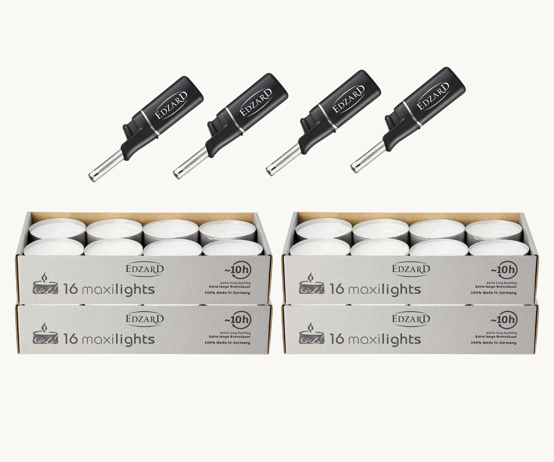 64 Stück Maxilights Maxi-Teelichter, Aluminiumhülle, inkl. 4 Mini-Stabfeuerzeuge