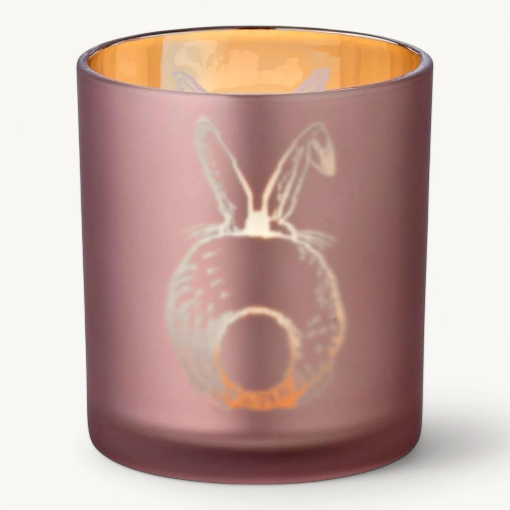 SALE Teelichtglas Hase (Höhe 8 cm), rosé & goldfarben, Hasen-Motiv