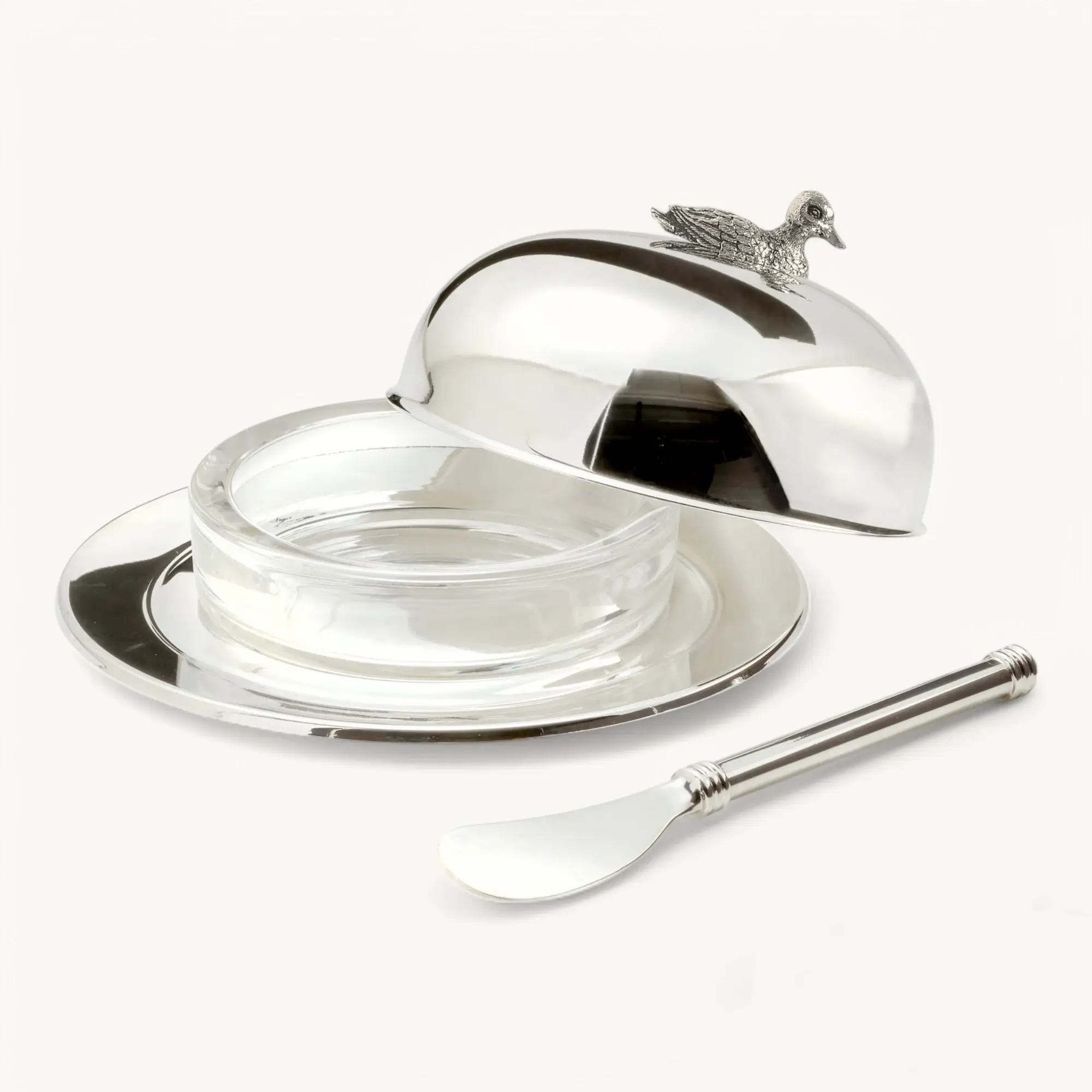 Butterglocke Ente (130 g Butter), Enten-Figur, edel versilbert, mit Glasschale & Buttermesser