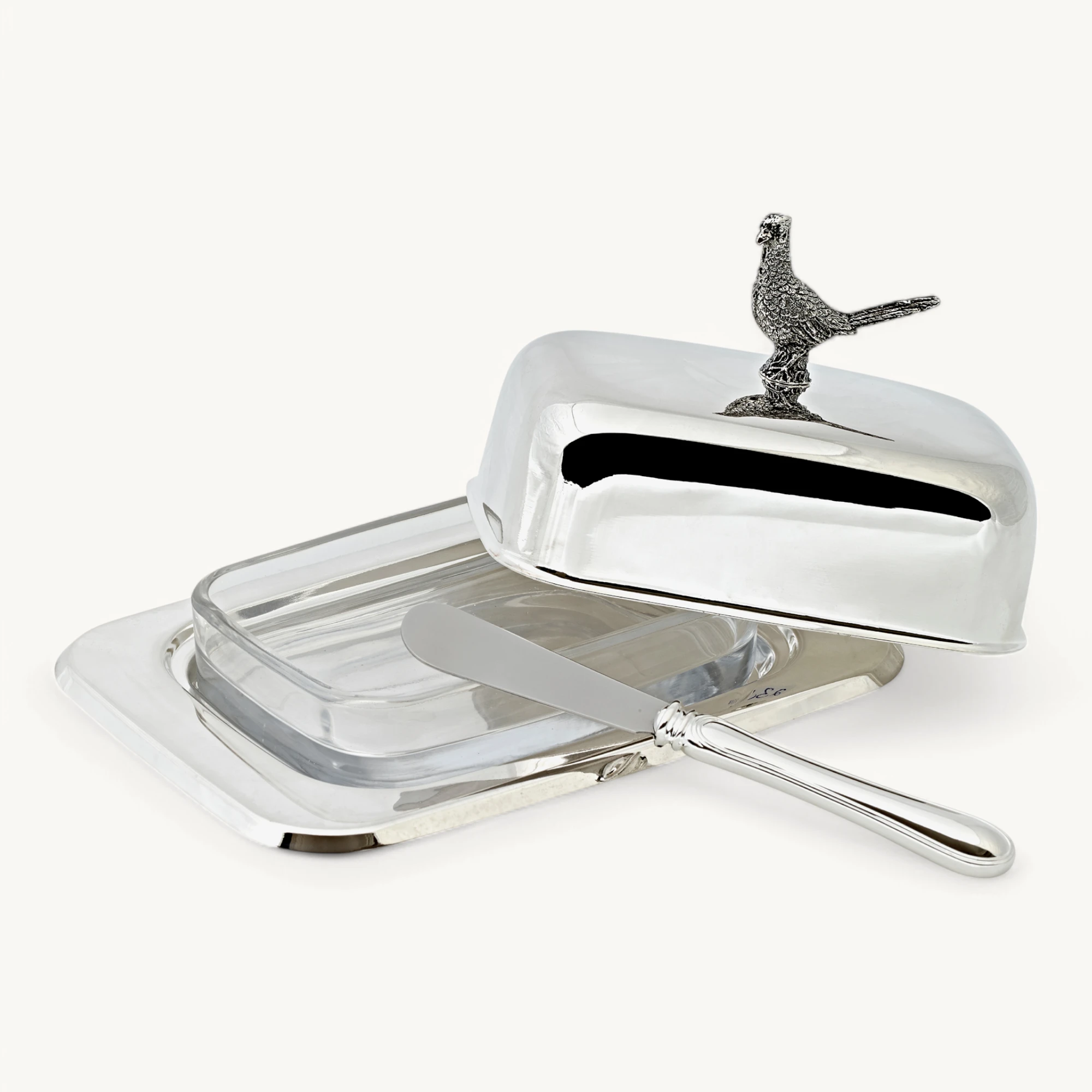 Butterdose Fasan (250 g Butter), Fasan-Figur, edel versilbert, mit Glasschale und Buttermesser