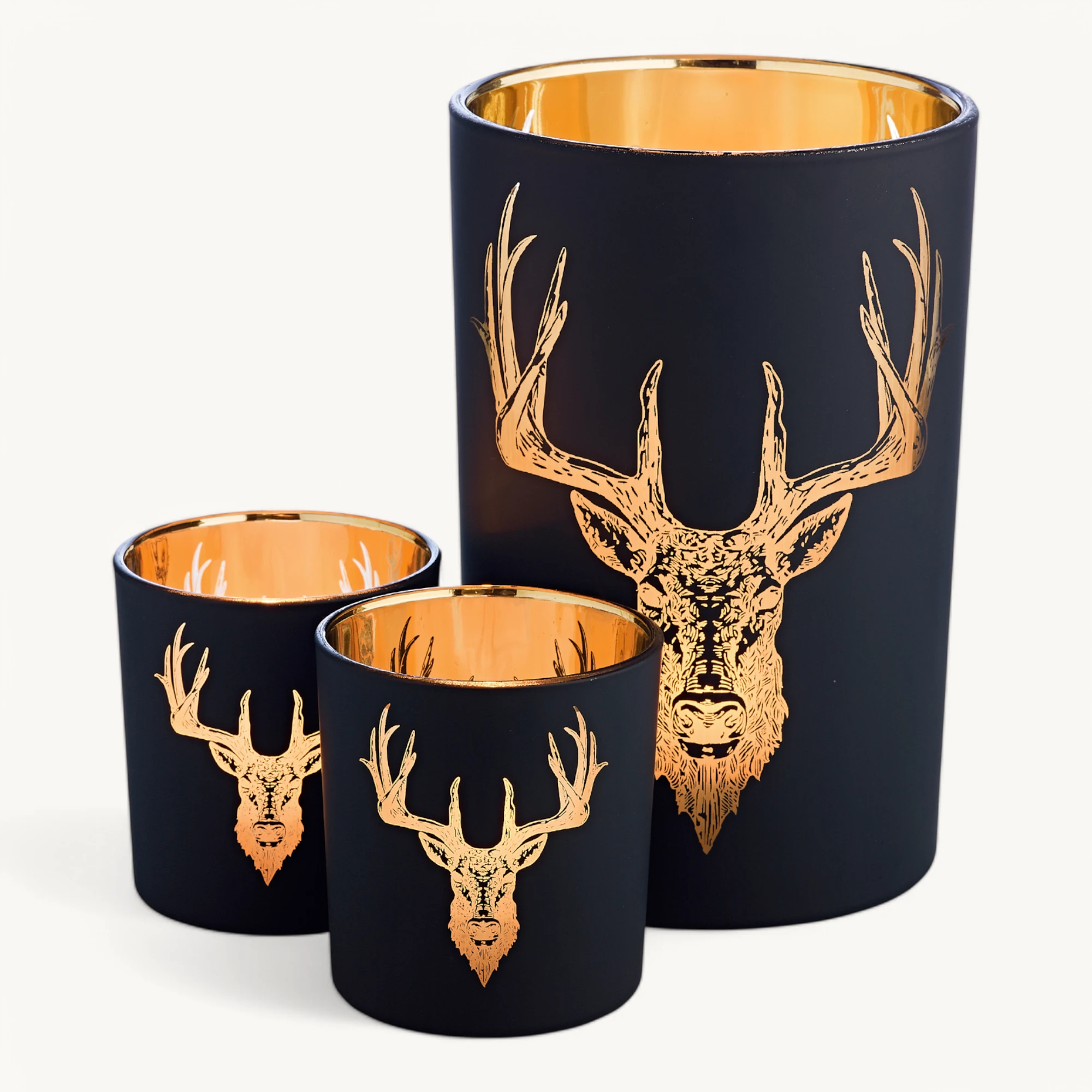 Teelichtglas Lio (Höhe 18 cm), schwarz & goldfarben, Hirsch-Motiv