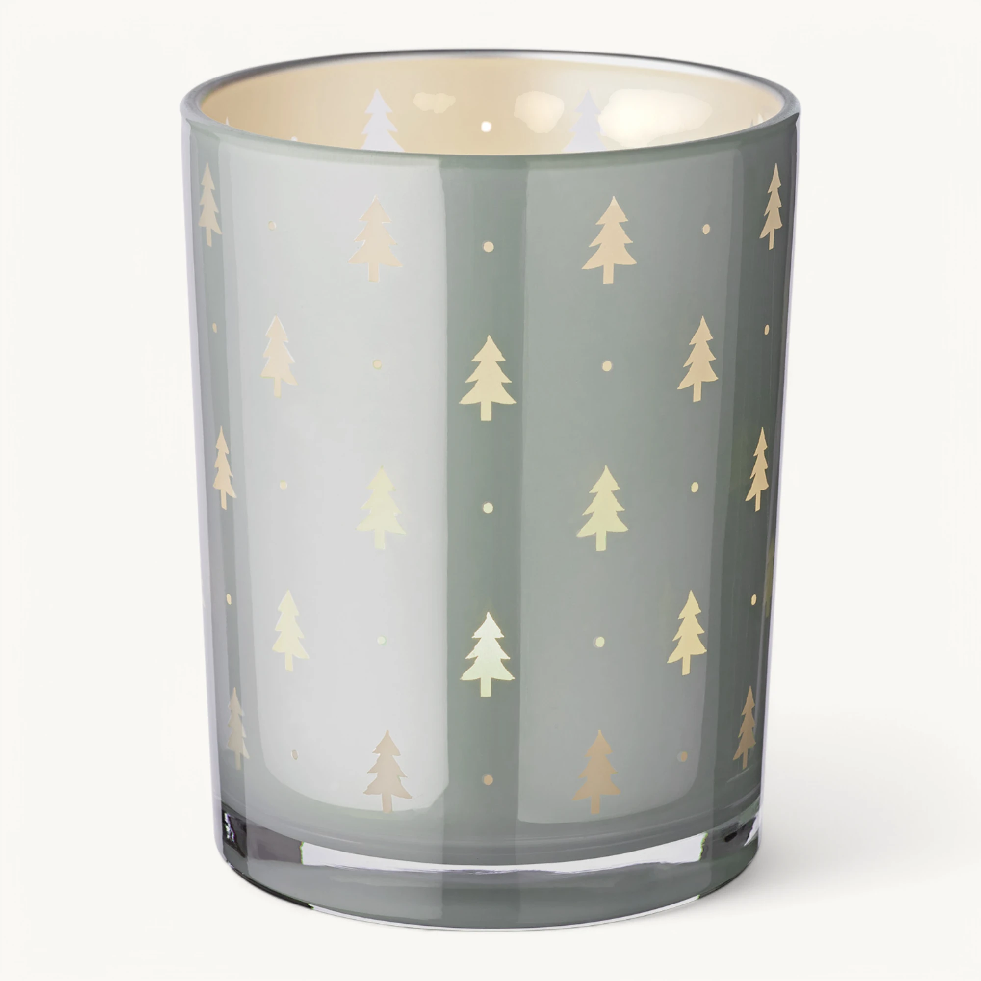 SALE Teelichtglas Tani (Höhe 13 cm), grau, Tannen-Motiv