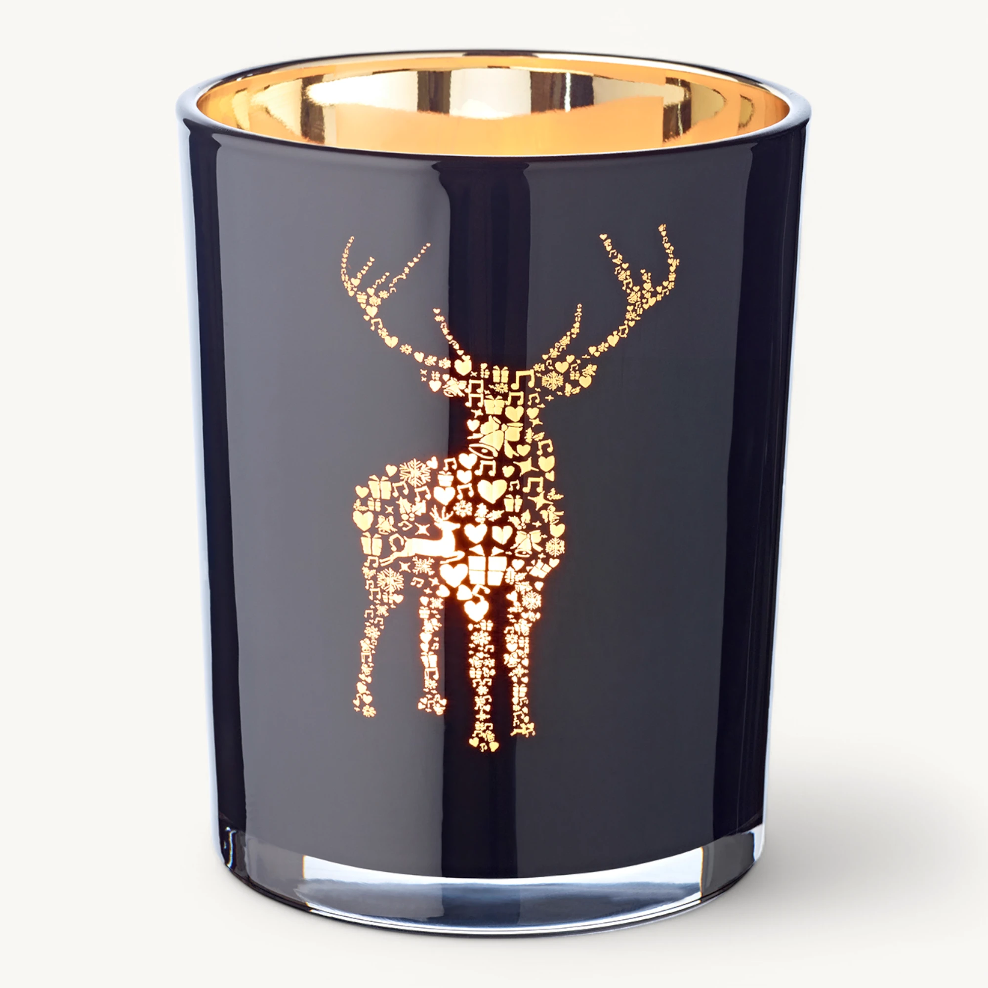 Teelichtglas Fancy (Höhe 13 cm), schwarz & goldfarben, Hirsch-Motiv Teelichtglas Fancy (Höhe 13 cm), schwarz & goldfarben, Hirsch-Motiv