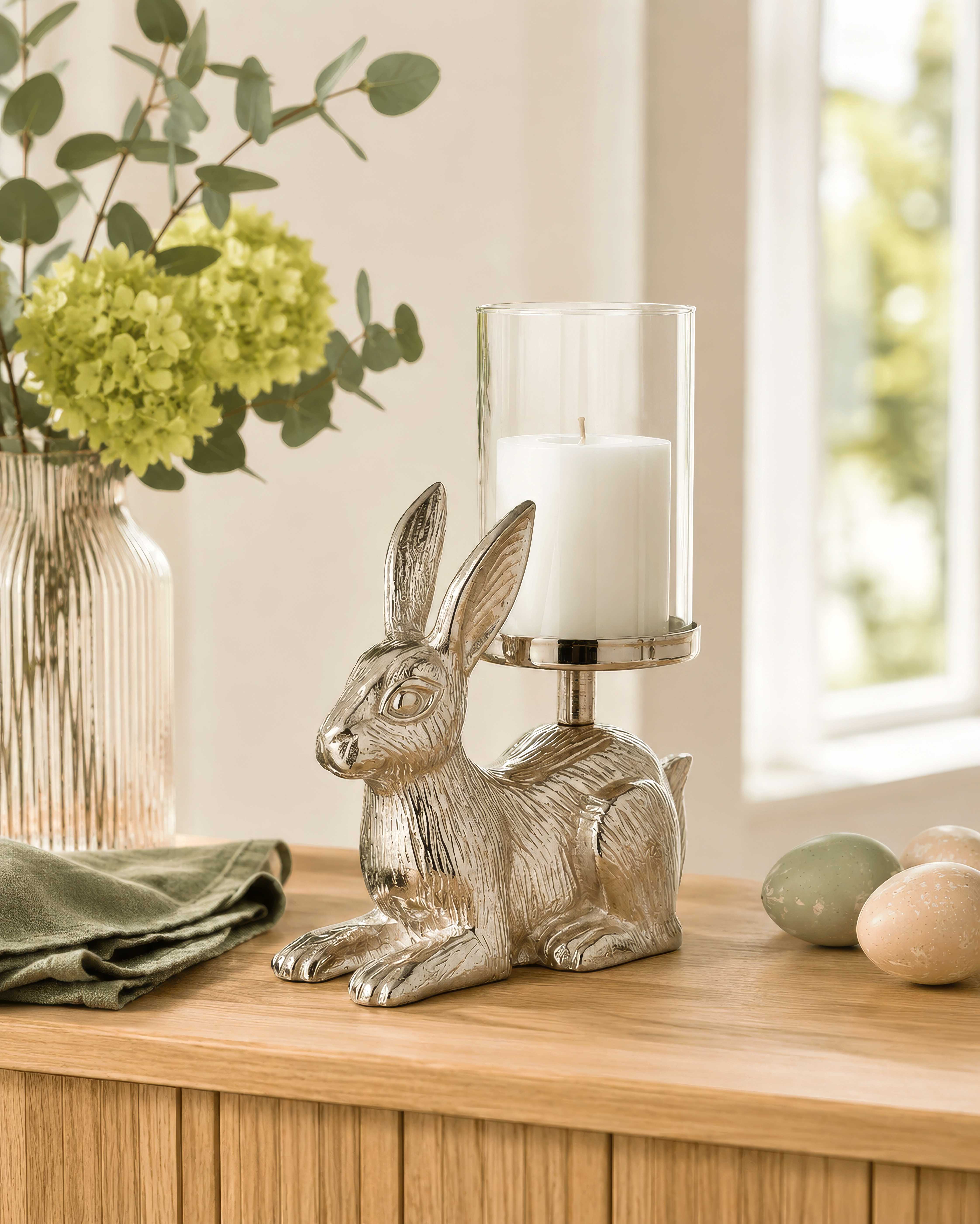 Dekoleuchter Hase (H 19 cm), silberfarben, Aluminium vernickelt