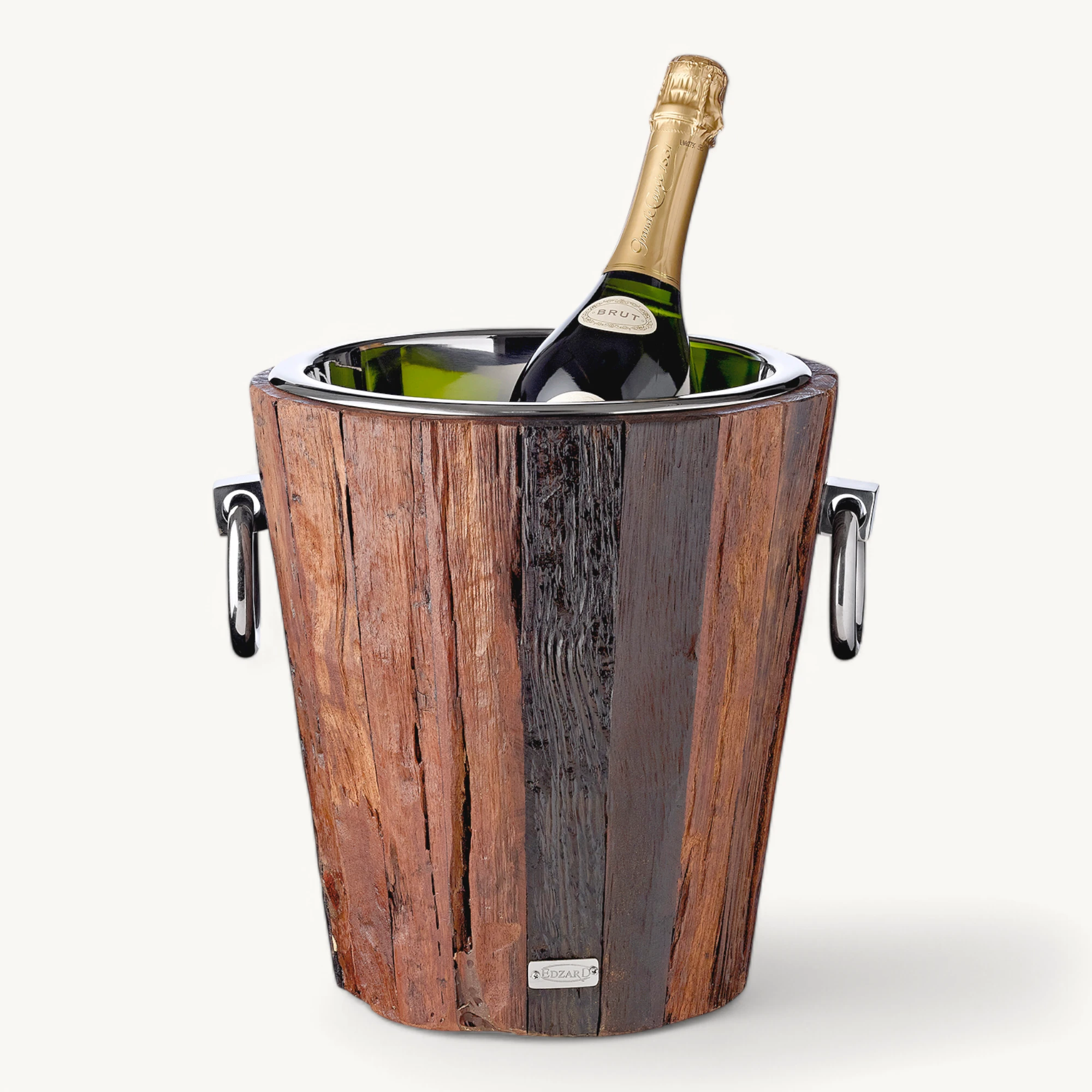 Flaschenkühler Providence (Höhe 31 cm, Ø 27 cm), recyceltes Teakholz, Edelstahl, glänzend vernickelt
