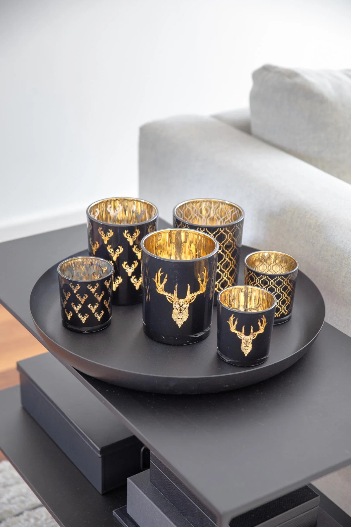 SALE Teelichtglas Ben (Höhe 8 cm), schwarz, Hirsch-Motiv