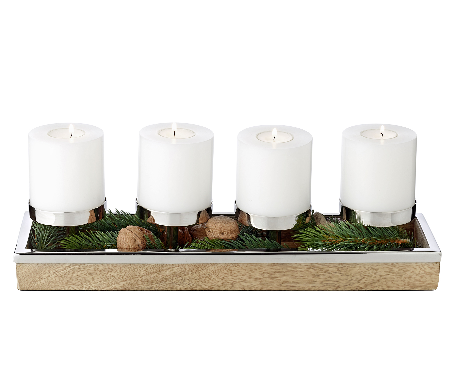 Adventskerzenhalter Lille (Höhe 9 cm, Länge 45 cm), Edelstahl und Mangoholz, für 4 Kerzen ø 8 cm