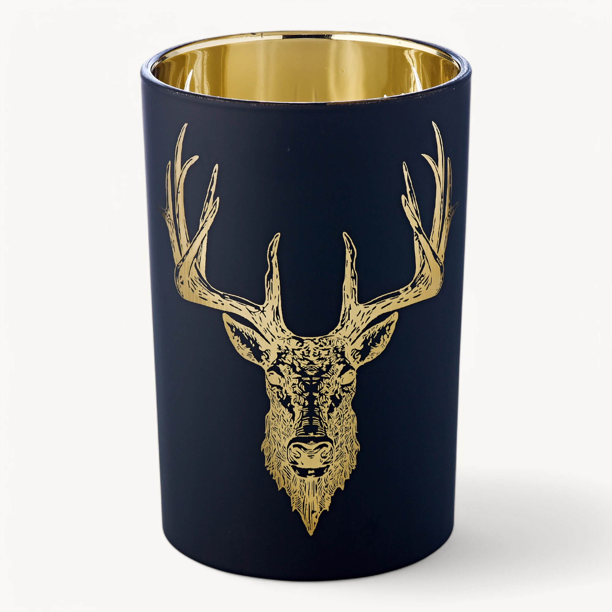 Teelichtglas Lio (Höhe 18 cm), schwarz & goldfarben, Hirsch-Motiv Teelichtglas Lio (Höhe 18 cm), schwarz & goldfarben, Hirsch-Motiv