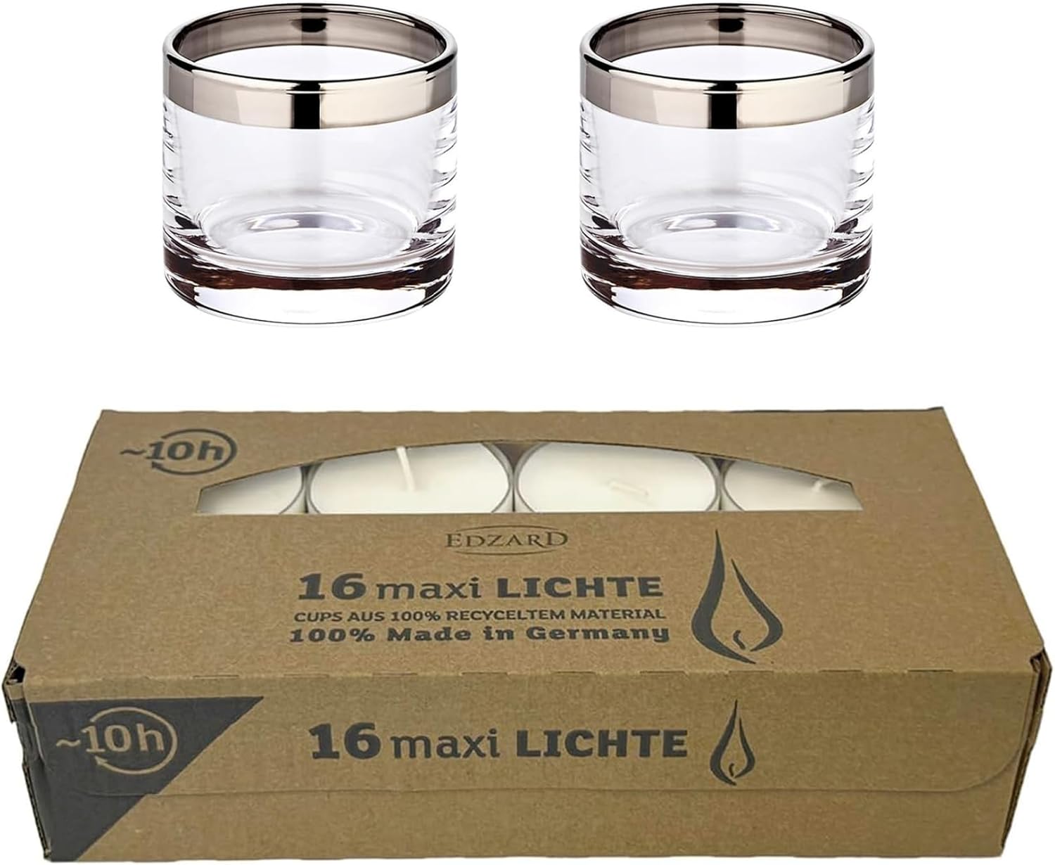 2 Stück Windlicht Molly (Höhe 6 cm, ⌀7 cm), mundgeblasenes Kristallglas mit Platinrand, plus 16 Maxi-Teelichter im Acyrl-Cup