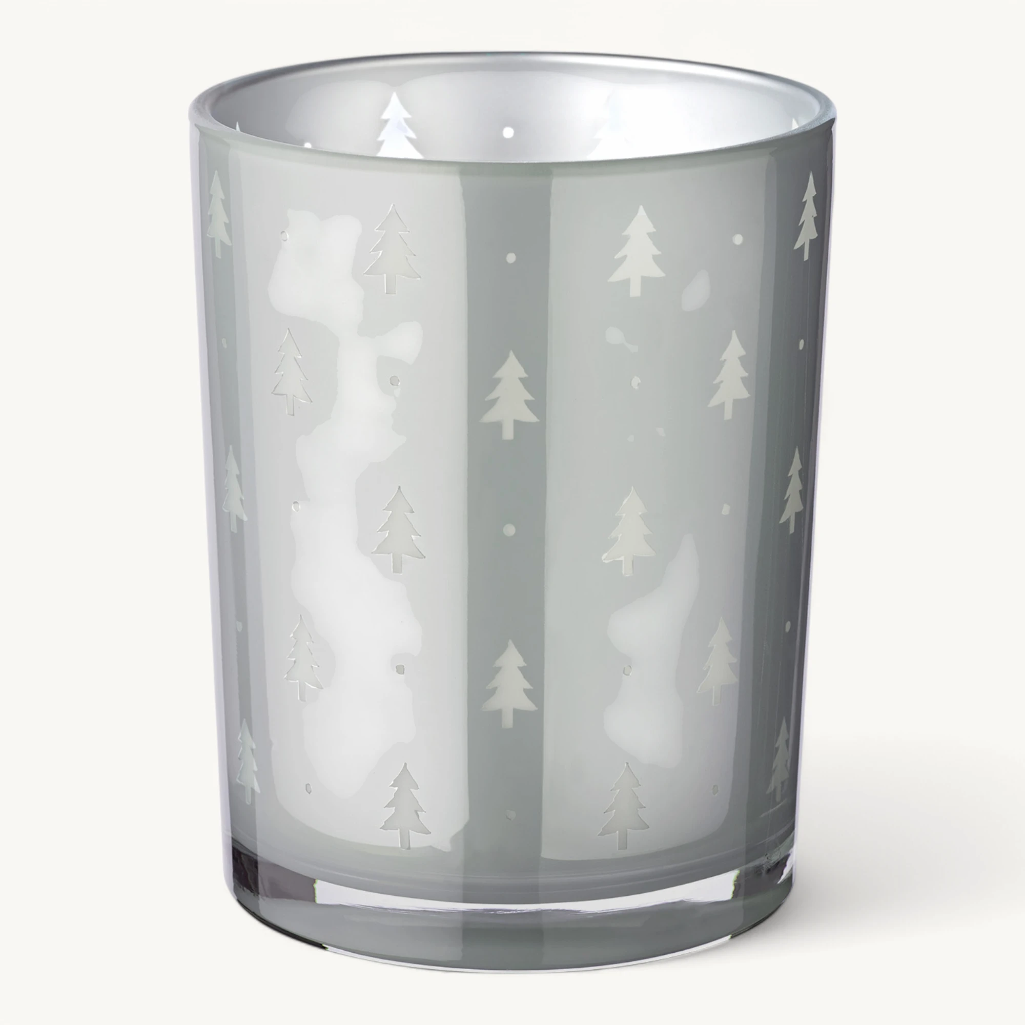 SALE Teelichtglas Tani (Höhe 13 cm), grau, Tannen-Motiv