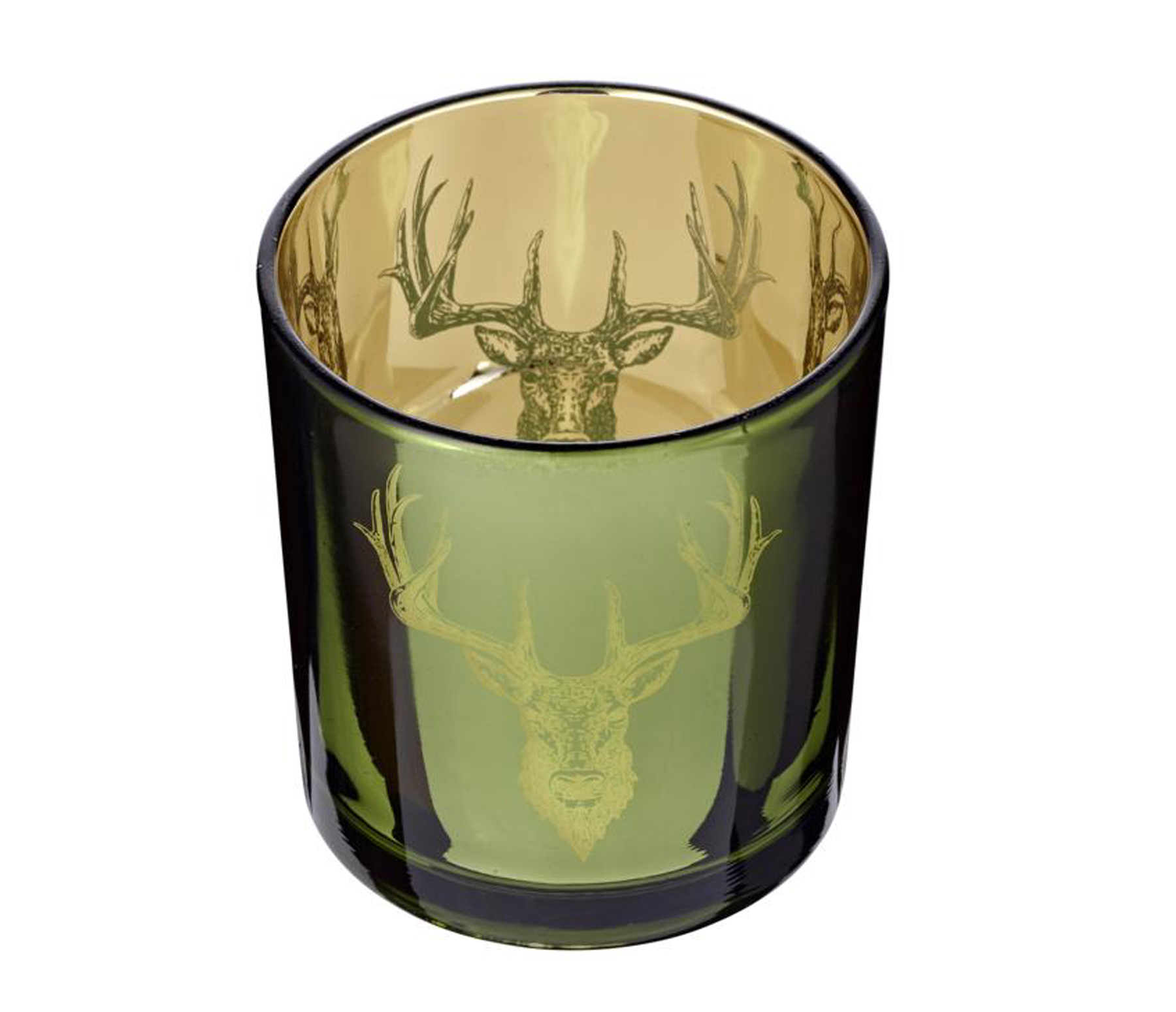 SALE Teelichtglas Alex (Höhe 8 cm), grün & goldfarben, Hirsch-Motiv