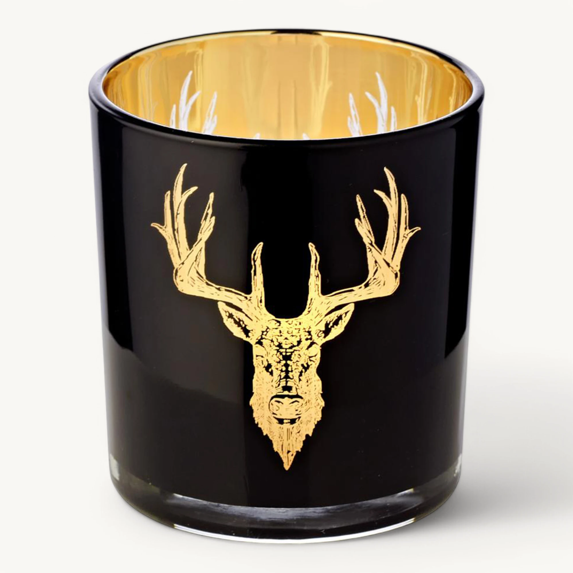 2er-Set Teelichtglas Lio (Höhe 8 cm), schwarz & goldfarben, Hirsch-Motiv