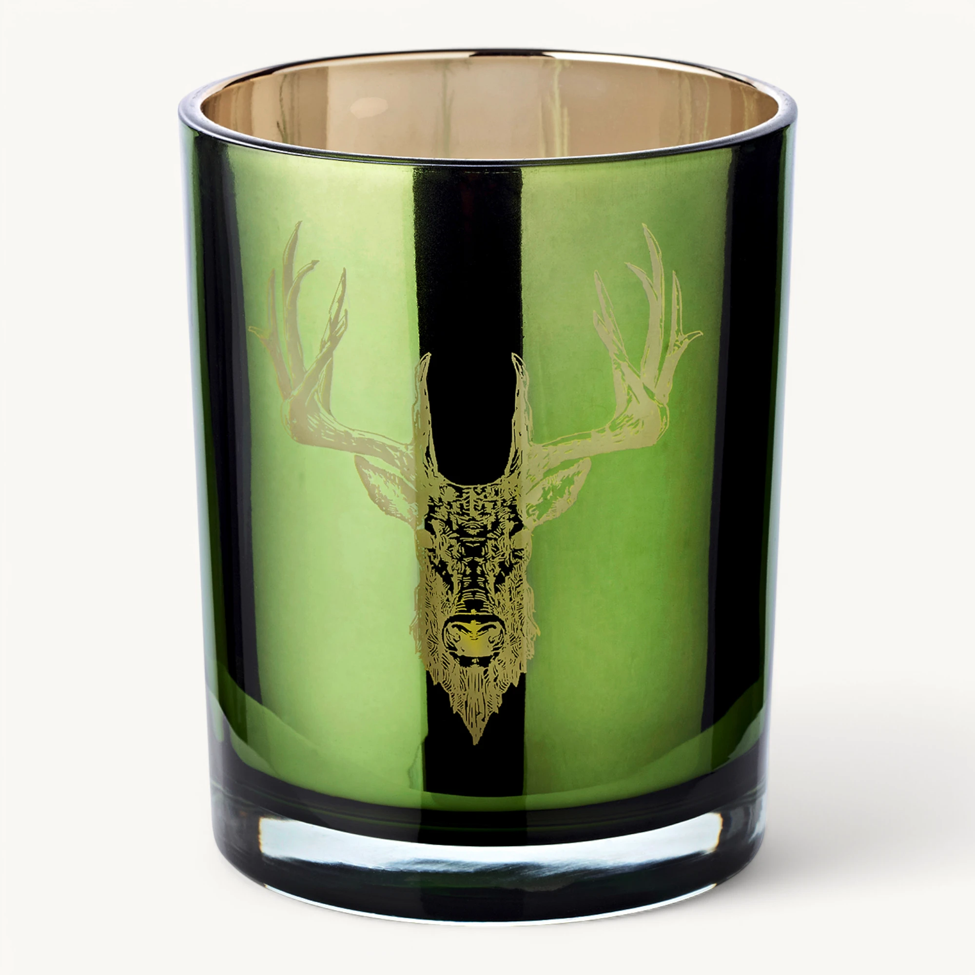 SALE Teelichtglas Ted (Höhe 13 cm) grün & goldfarben, Hirsch-Motiv