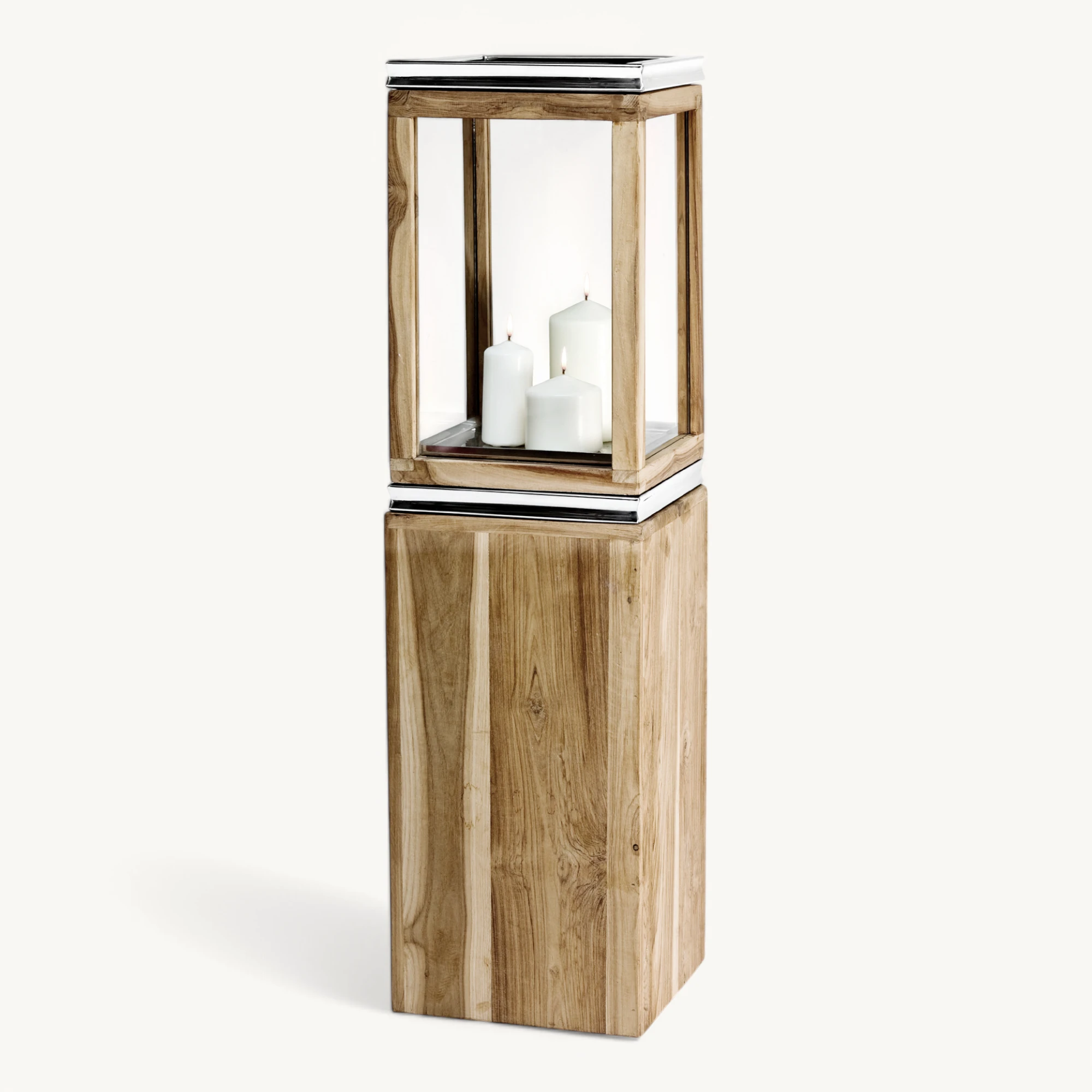 Laterne Dubai (Höhe 95 cm), mit Sockel, edles Teakholz, Edelstahl, glänzend vernickelt