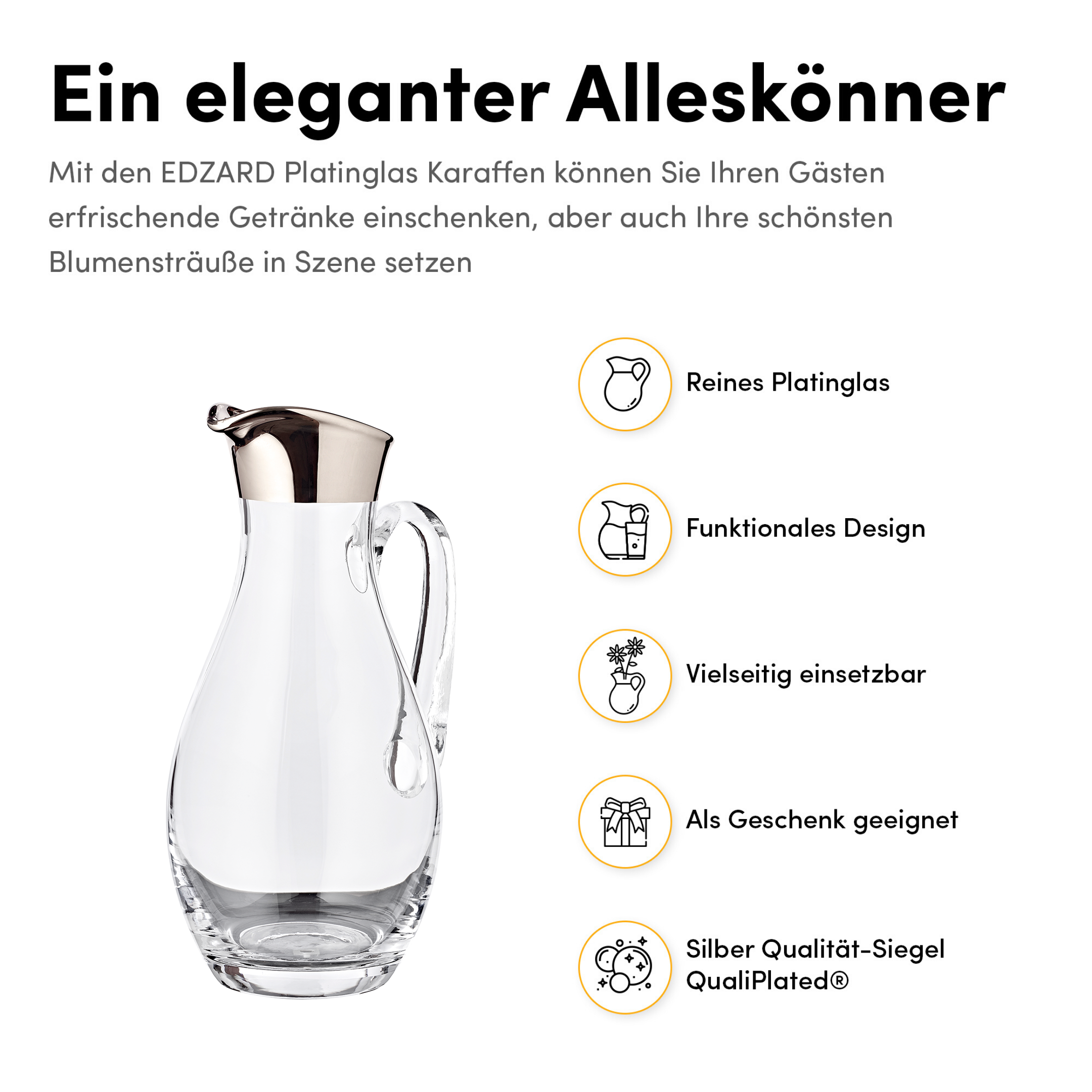 2. Wahl Krug Johnny, mundgeblasenes Kristallglas mit Platinrand, Höhe 30 cm, ø 14 cm, Füllme