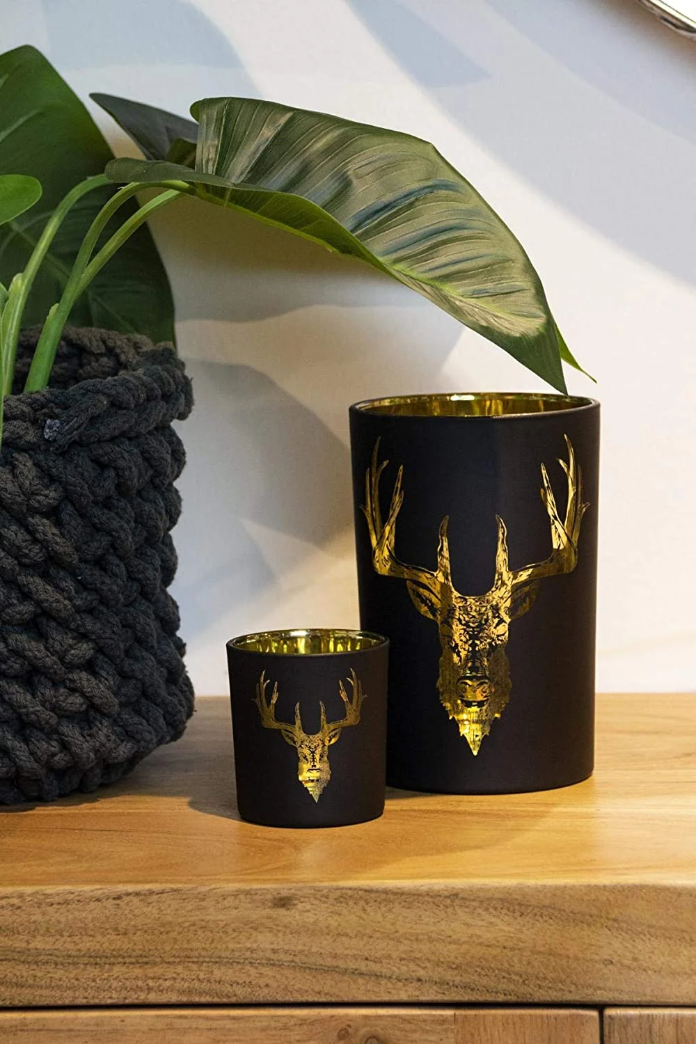 Teelichtglas Lio (Höhe 18 cm), schwarz & goldfarben, Hirsch-Motiv Teelichtglas Lio (Höhe 18 cm), schwarz & goldfarben, Hirsch-Motiv