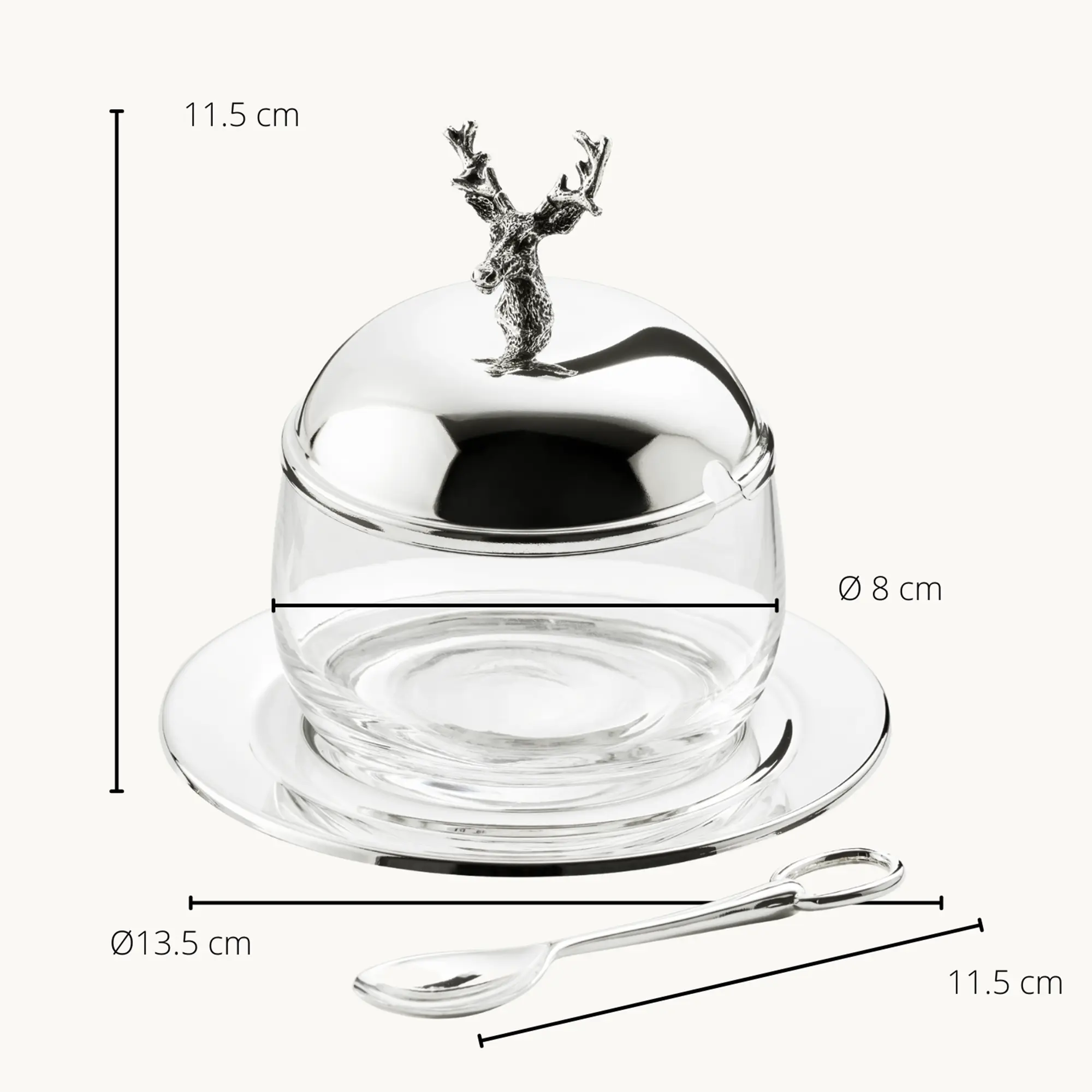 Marmeladenglas Hirsch (350 g), Hirsch-Figur, mit Untersetzer und Löffel, edel versilbert Marmeladenglas Hirsch (350 g), Hirsch-Figur, mit Untersetzer und Löffel, edel versilbert