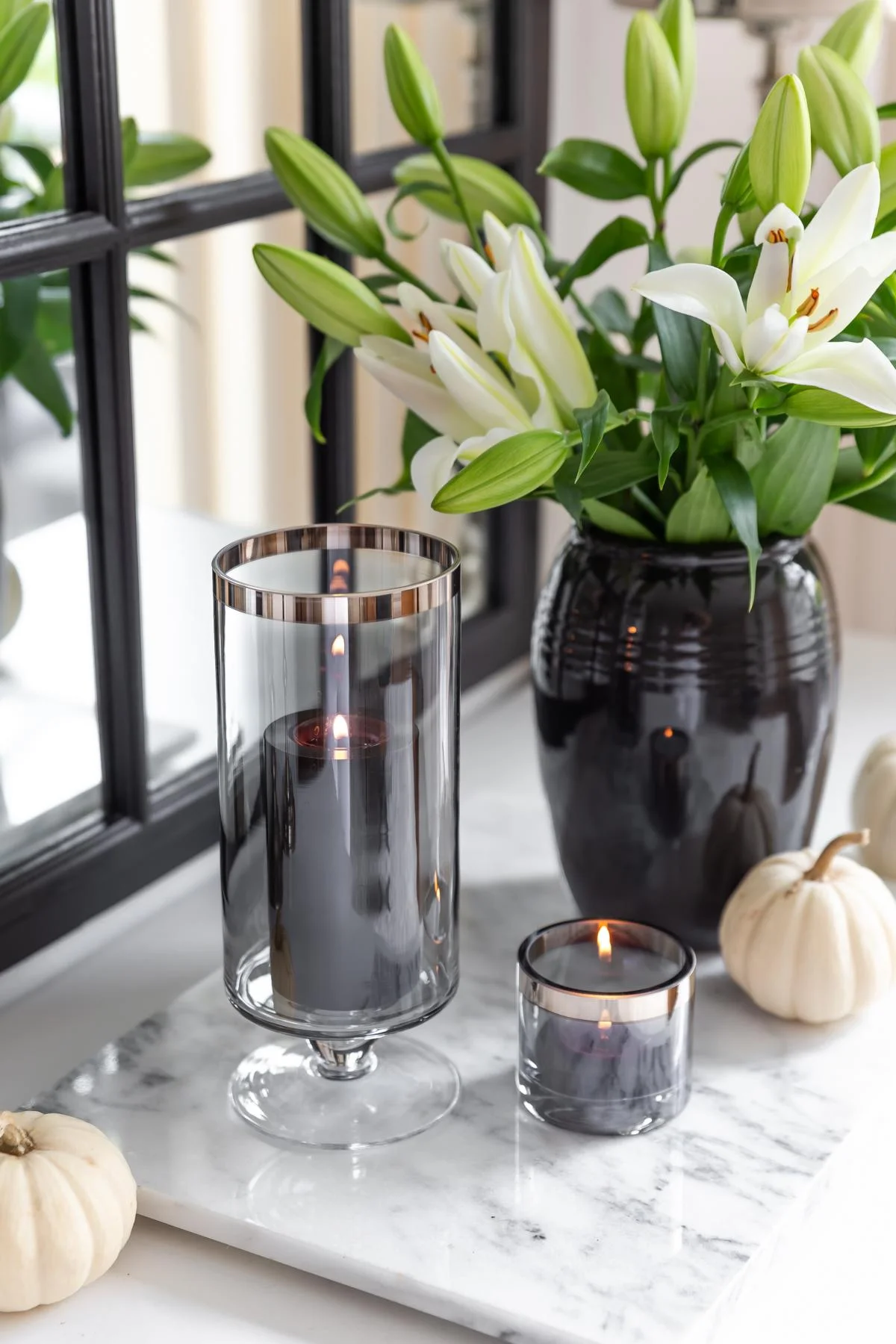 SALE Windlicht Stella (Höhe 23 cm), dunkles Kristallglas mit Platinrand