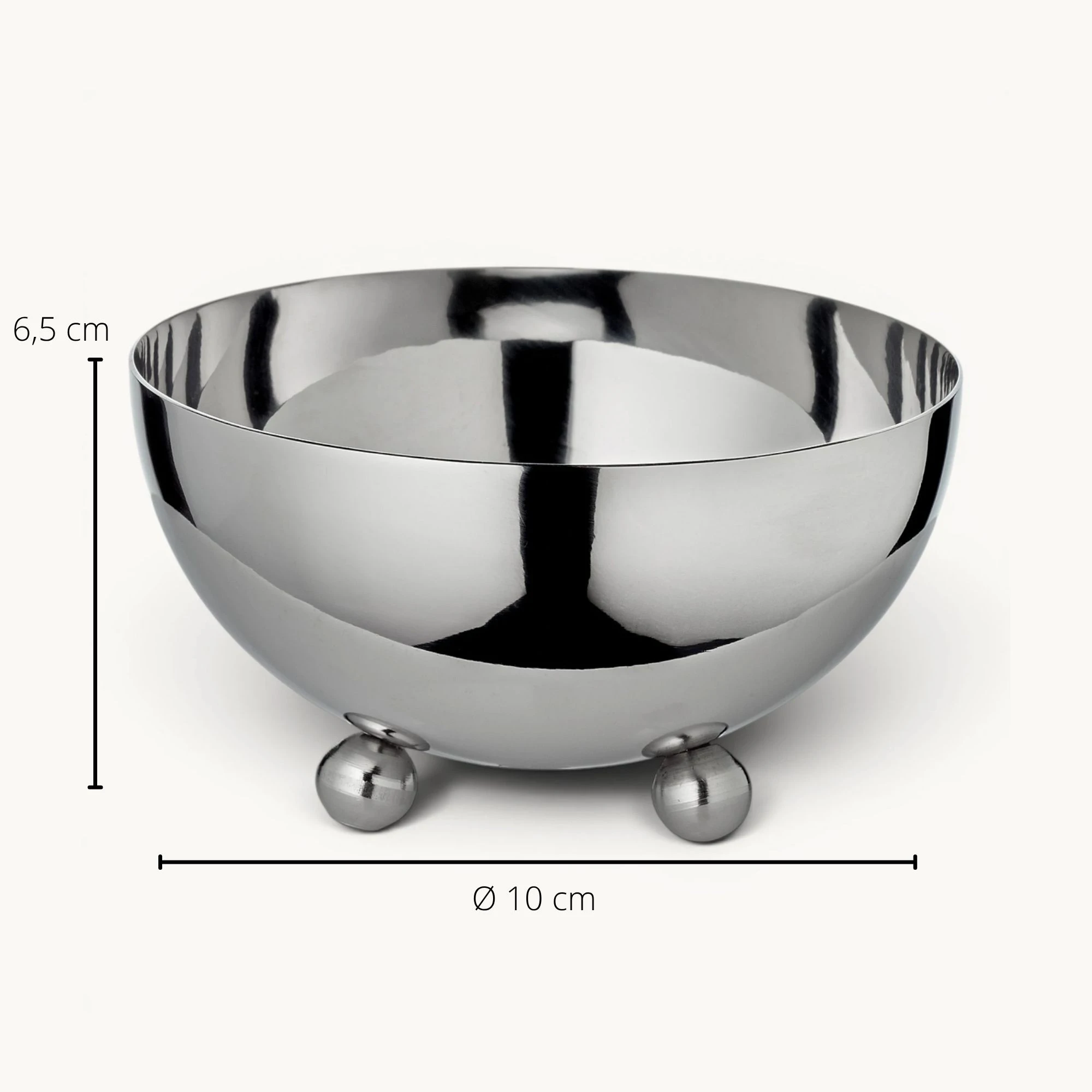 Schale Chicago (Durchmesser 10 cm, Höhe 6,5 cm) auf 3 Kugelfüßen, Edelstahl hochglanzpoliert