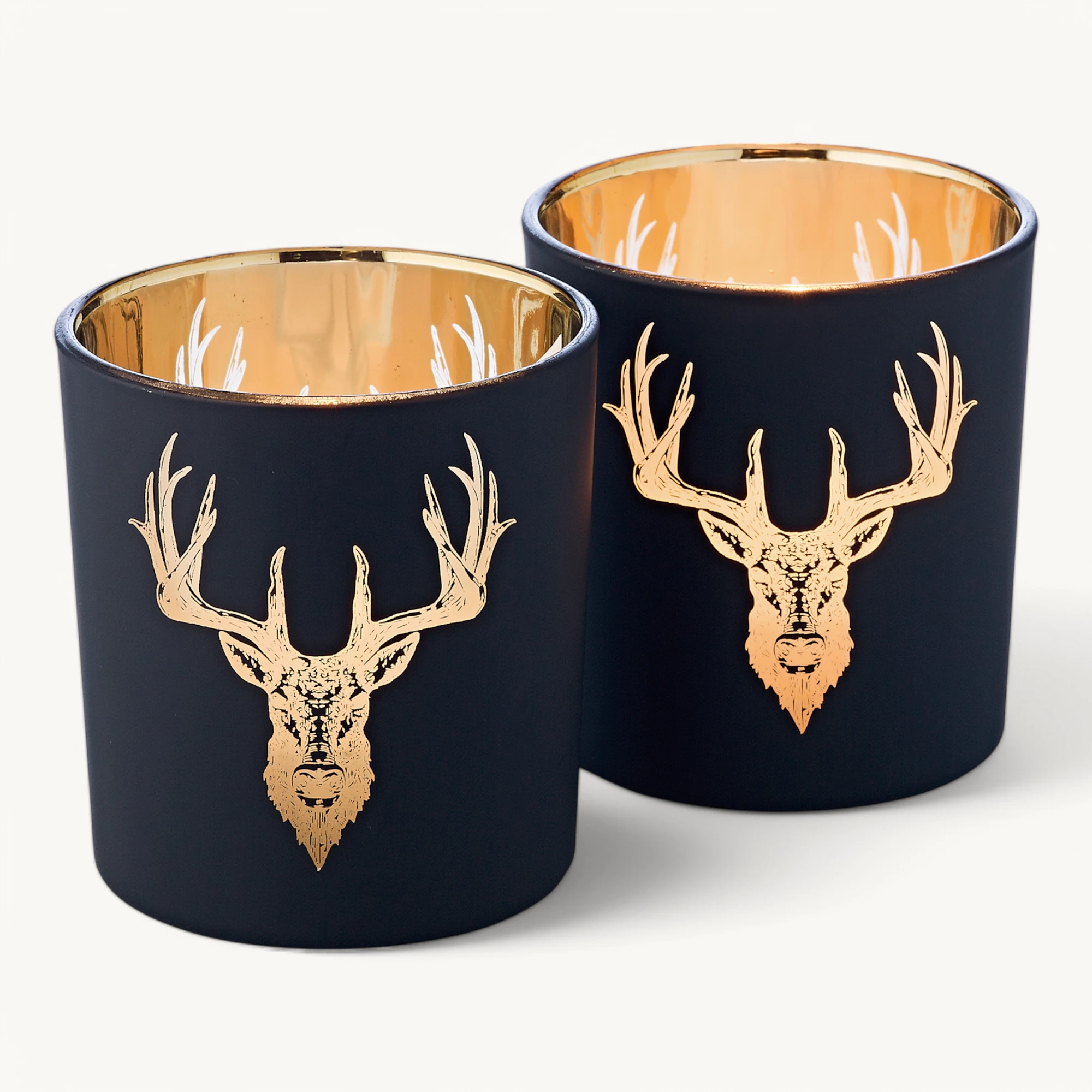 2er-Set Teelichtglas Lio (Höhe 8 cm), schwarz & goldfarben, Hirsch-Motiv