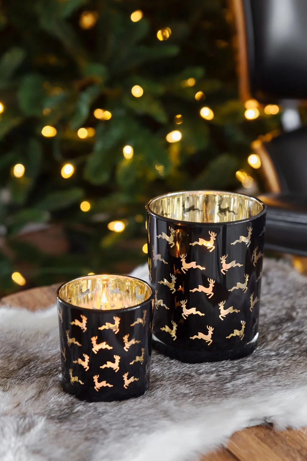 2er-Set Teelichtglas Luna (Höhe 8 & 13 cm), schwarz, Hirsch-Motiv