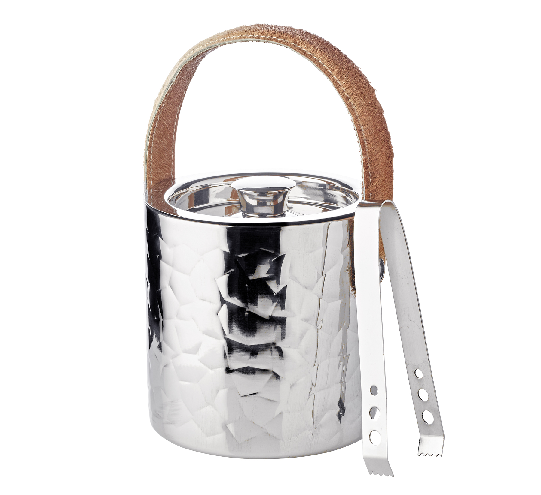 SALE Capri mit Deckel, Edelstahl, außen gemustert, Ledergriff, H 17 cm