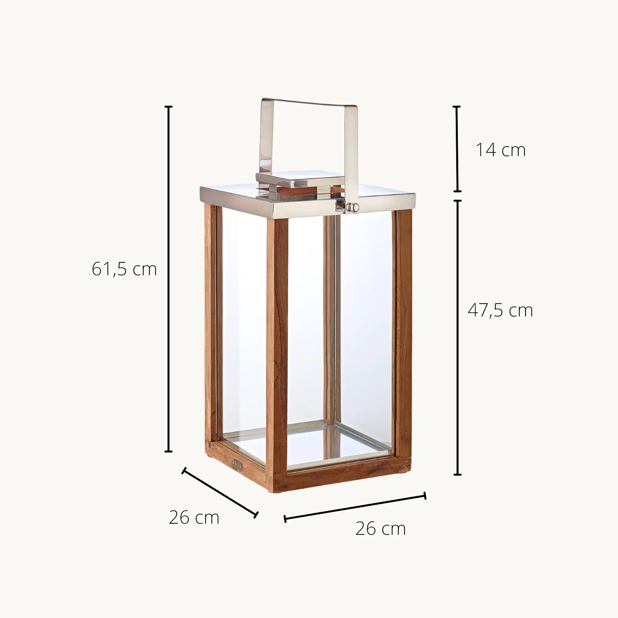 Laterne Miami (Höhe 49 cm), klappbarer Griff, edles Teakholz, Edelstahl, glänzend vernickelt