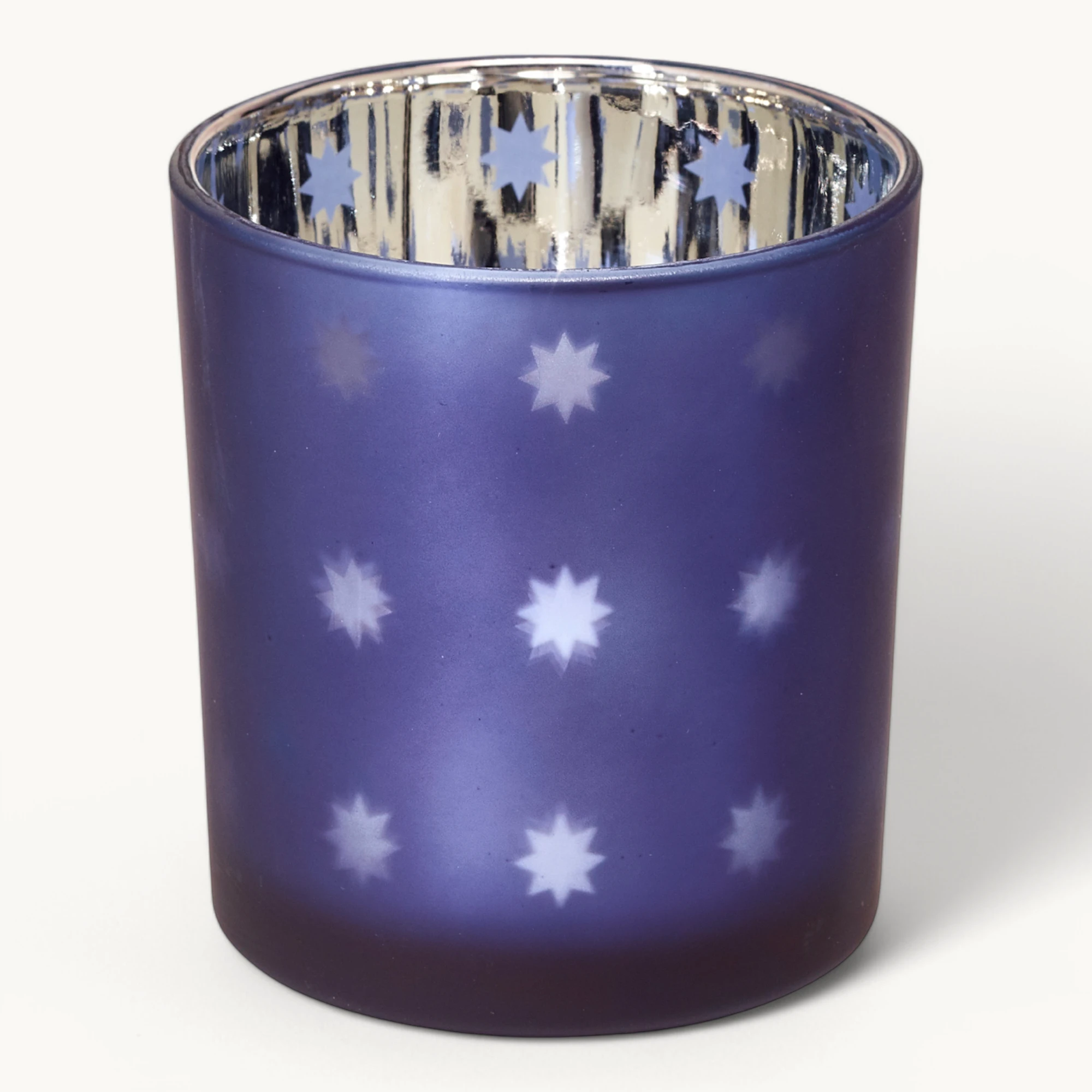 SALE Teelichtglas Domo (Höhe 8 cm), blau & silberfarben, Sternchen-Motiv