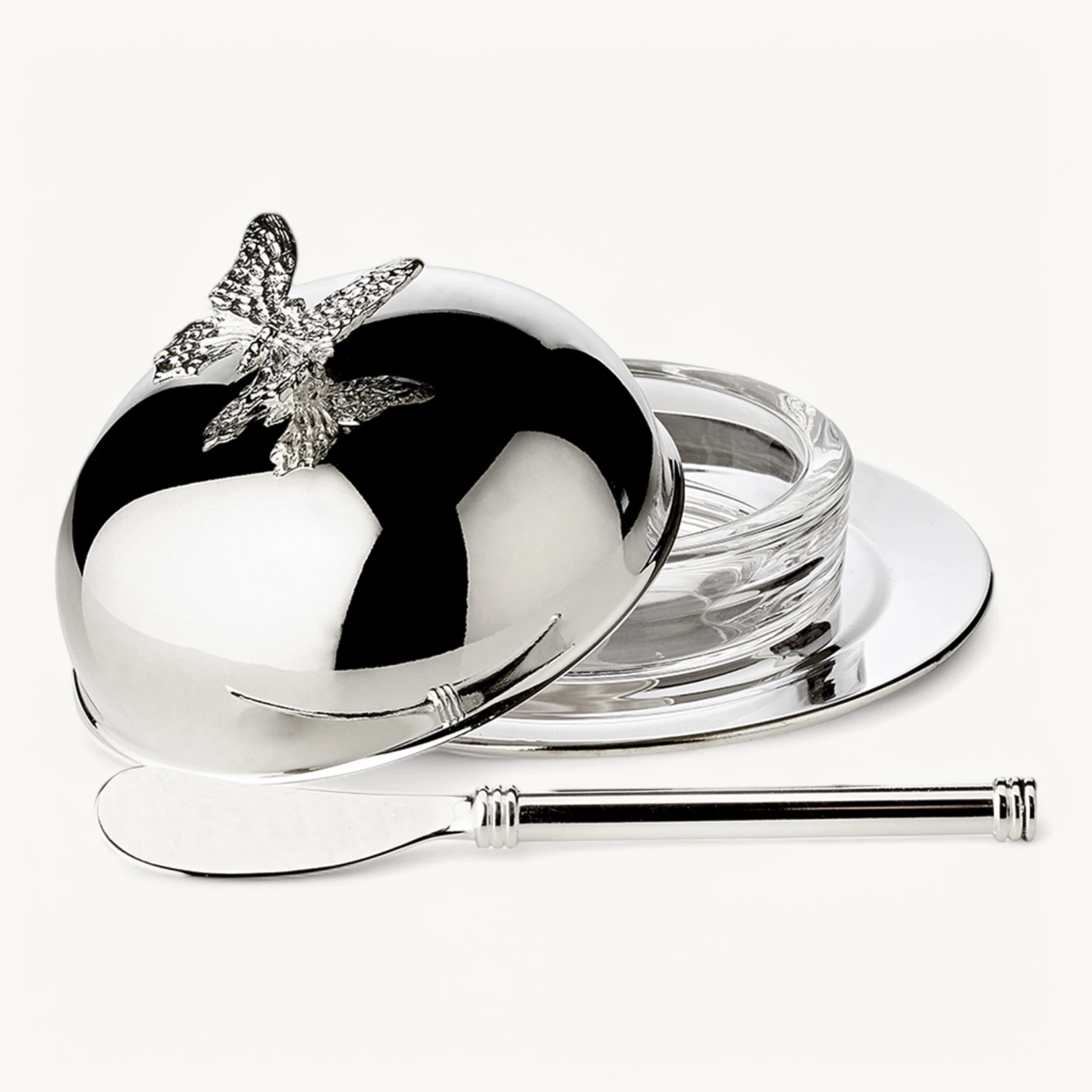 Butterglocke Butterfly (130 g Butter), Schmetterling-Figur, edel versilbert, mit Glasschale & Messer