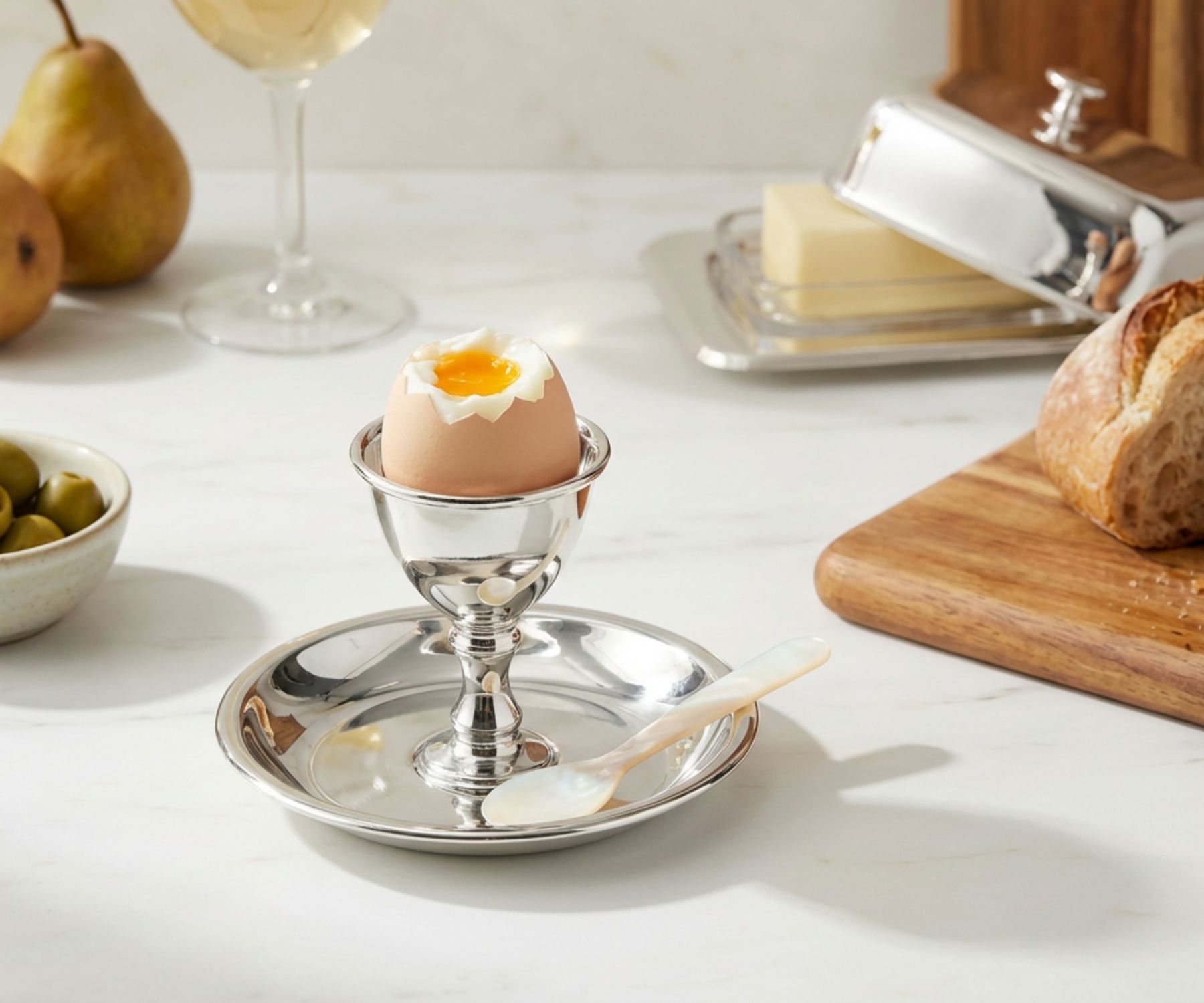 Eierbecher Plato (H 7 cm), klassische Form, mit Unterteller, schwerversilbert (QualiPlated)