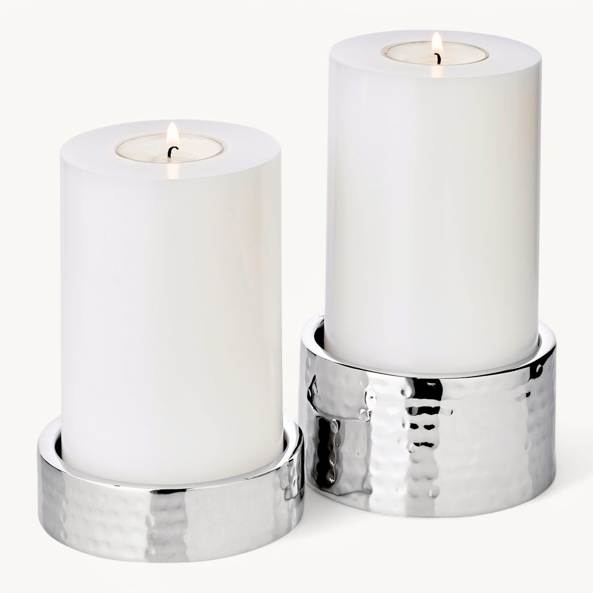 2er-Set Kerzenhalter Luca (Höhe 2,5 cm & 5 cm, Ø 9,5 cm), gehämmert, Edelstahl, hochglanzpoliert