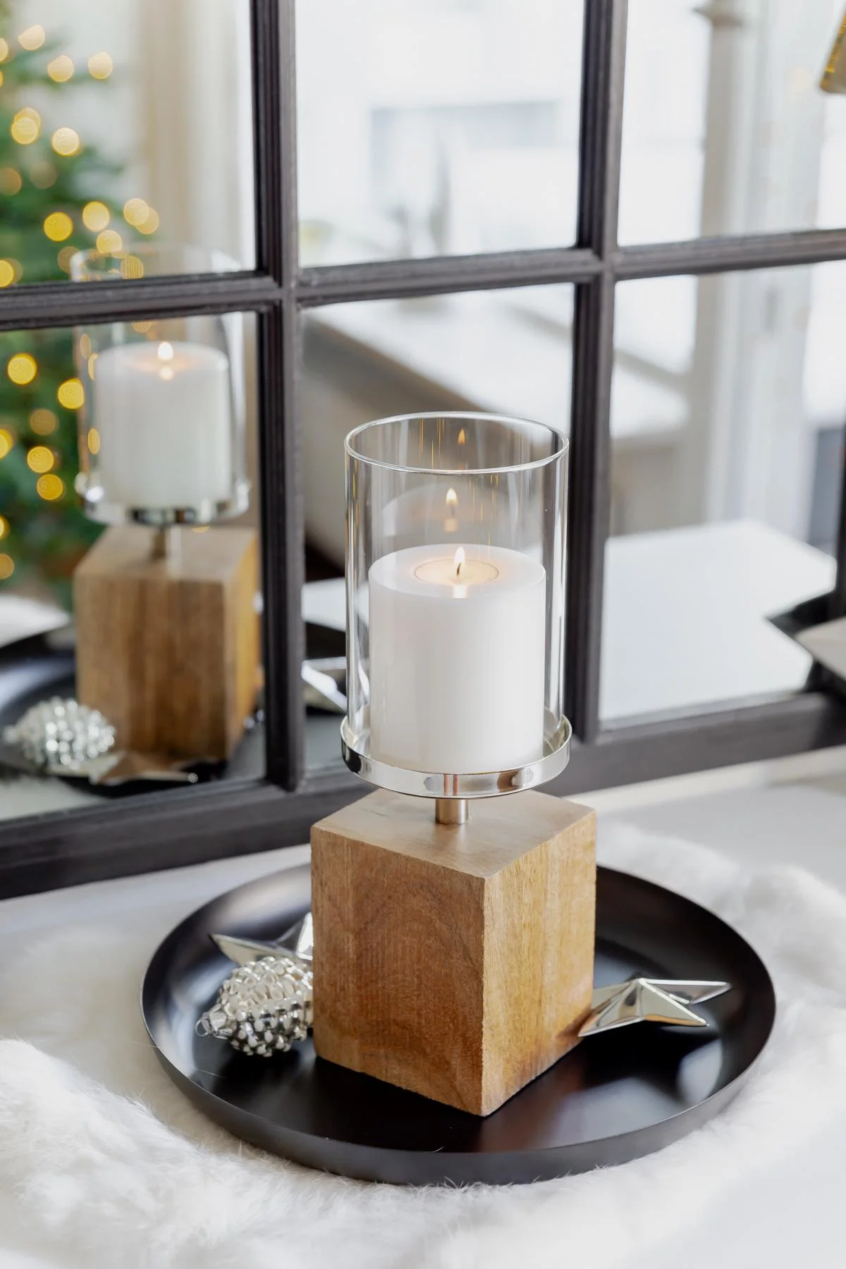 Kerzenständer Windlicht Meo (H 31 cm), Edelstahl vernickelt, Sockel Echtholz, für Kerzen bis ø 8 cm Kerzenständer Windlicht Meo (H 31 cm), Edelstahl vernickelt, Sockel Echtholz, für Kerzen bis ø 8 cm