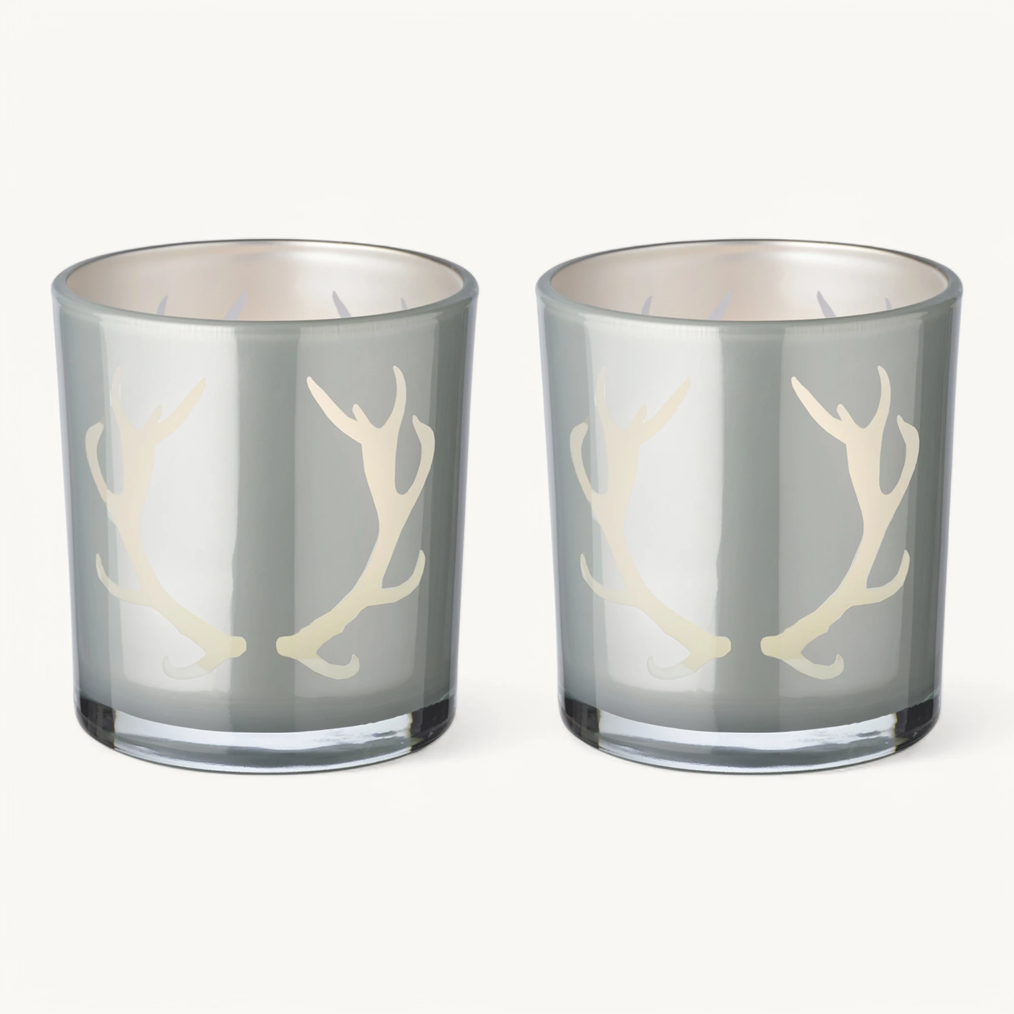 2er-Set Teelichtglas Ati (Höhe 8 cm), grau, Geweih-Motiv