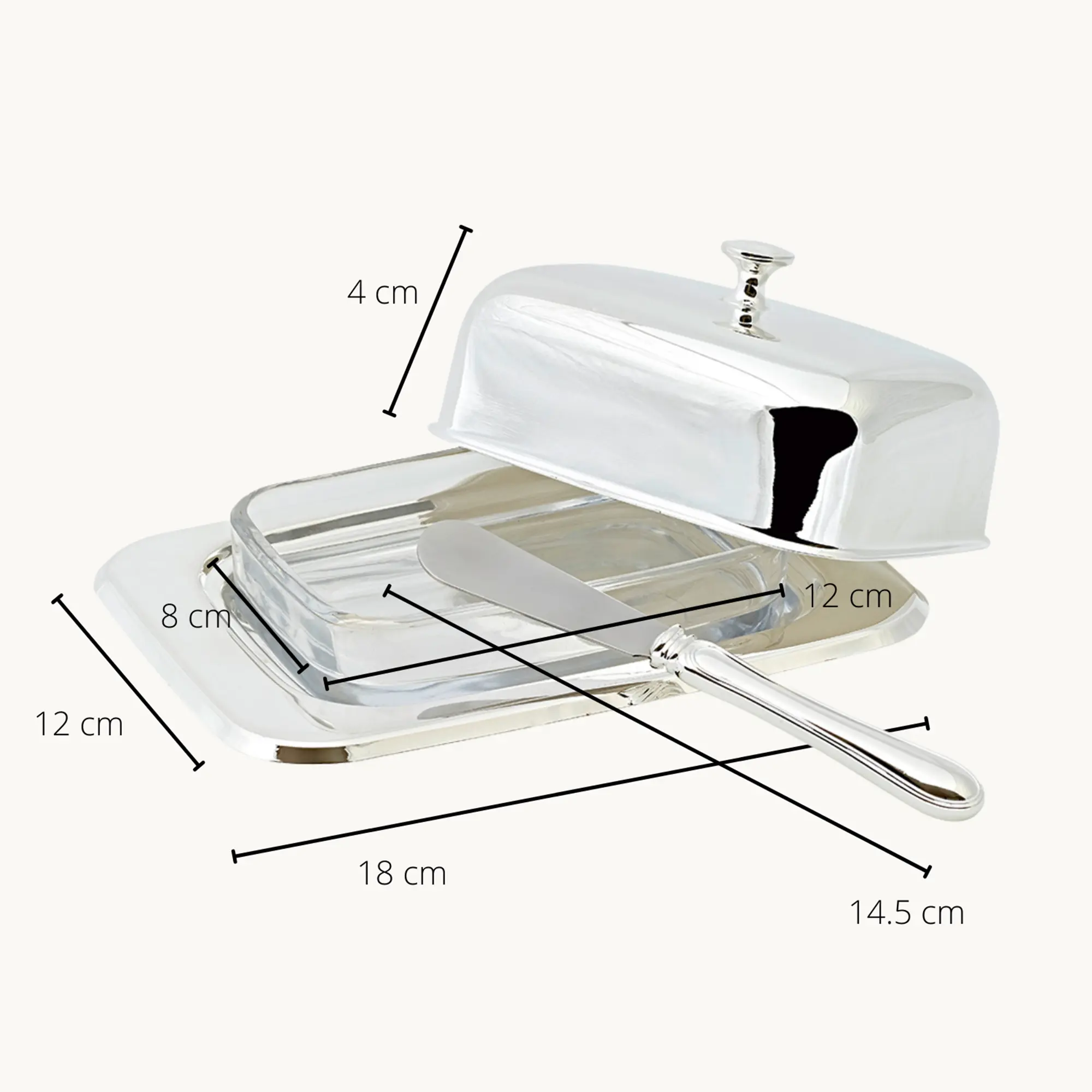 Butterdose Mista (250 g Butter), edel versilbert, mit Glasschale und Buttermesser
