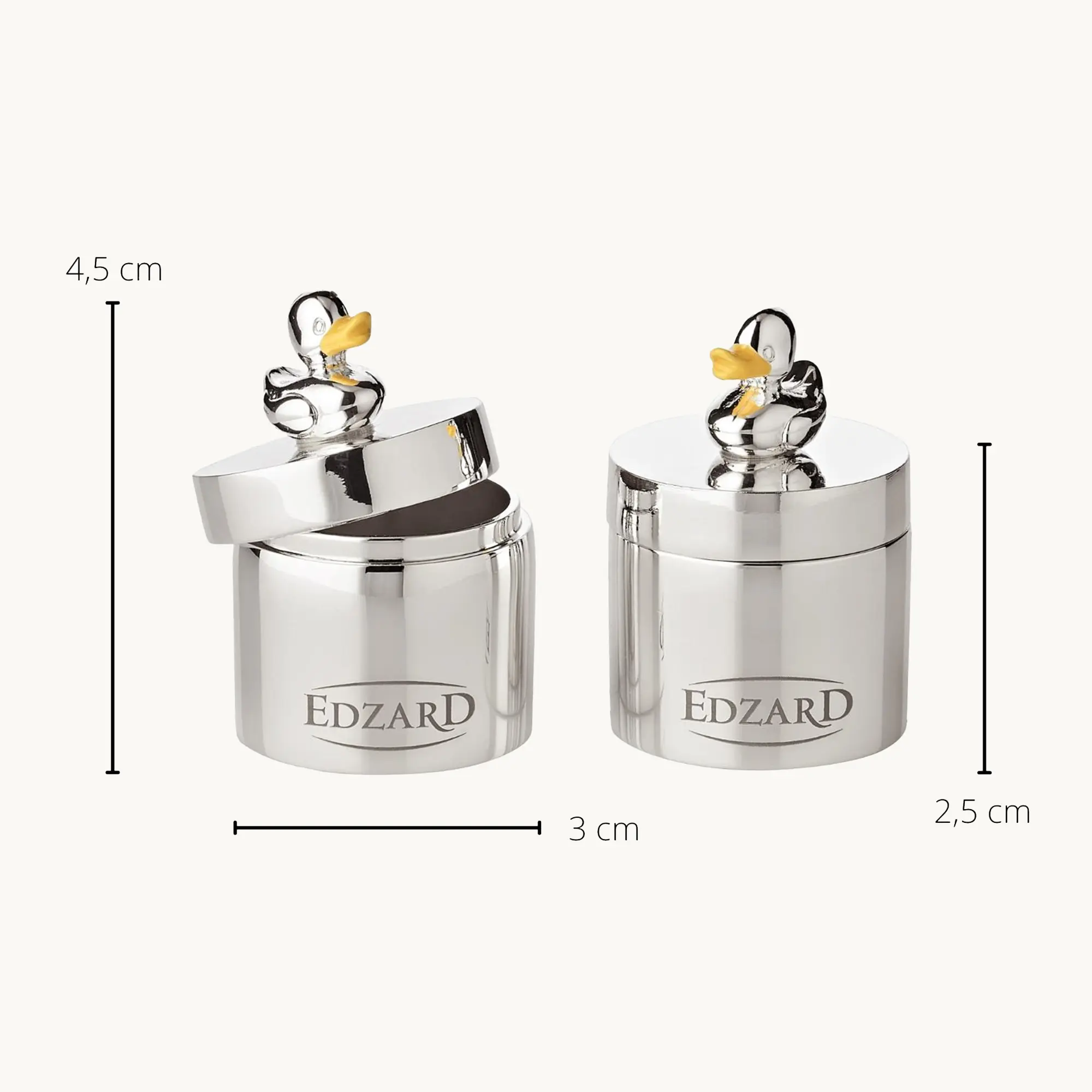2er Set Zahndosen Schmuckdosen Ente, Höhe 5 cm, edel versilbert, anlaufgeschützt 2er Set Zahndosen Schmuckdosen Ente, Höhe 5 cm, edel versilbert, anlaufgeschützt