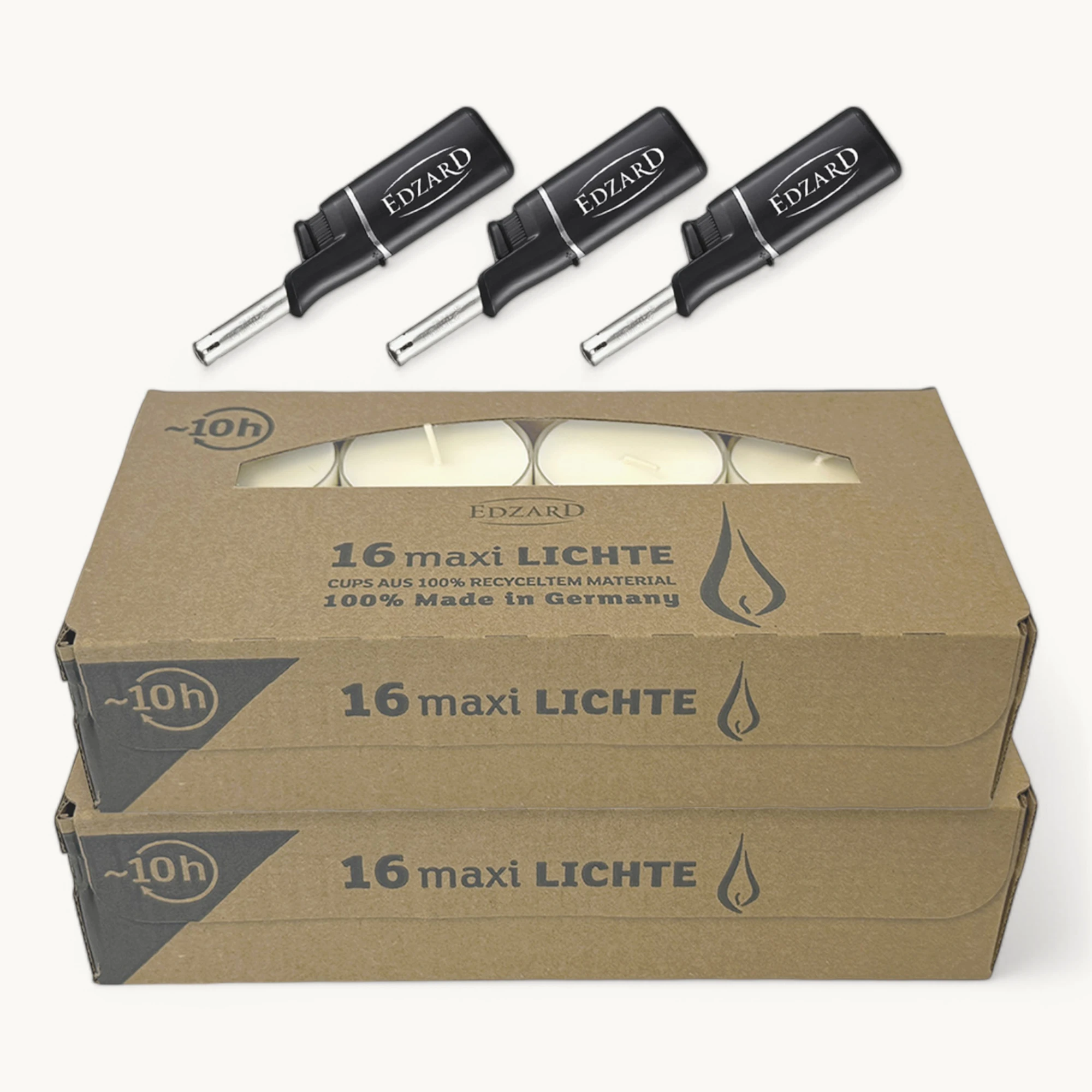32 Maxi Teelichter ø 54 mm, weiß, ohne Duft, transparente farblose Kunststoffhülle, Brenndauer 10 Stunden - plus 3 Mini-Stabfeuerzeuge Länge 11 cm