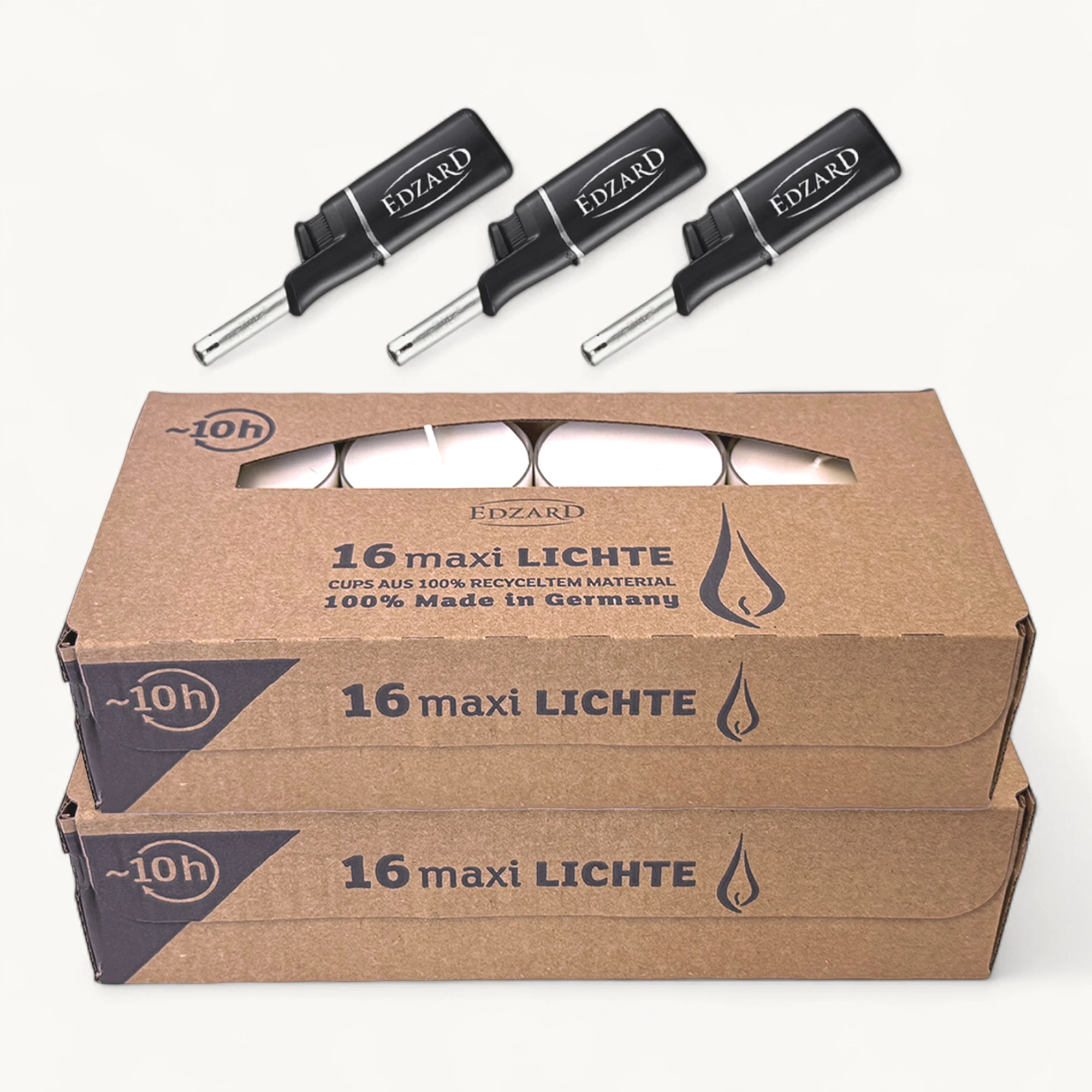32 Maxi Teelichter ø 54 mm, weiß, ohne Duft, transparente farblose Kunststoffhülle, Brenndauer 10 Stunden - plus 3 Mini-Stabfeuerzeuge Länge 11 cm