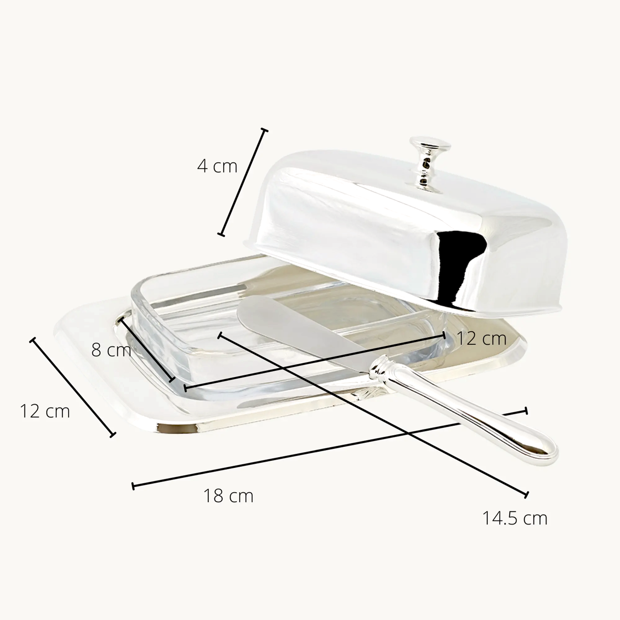 Butterdose Mista 18x13 cm, Silberglanz, mit Buttermesser