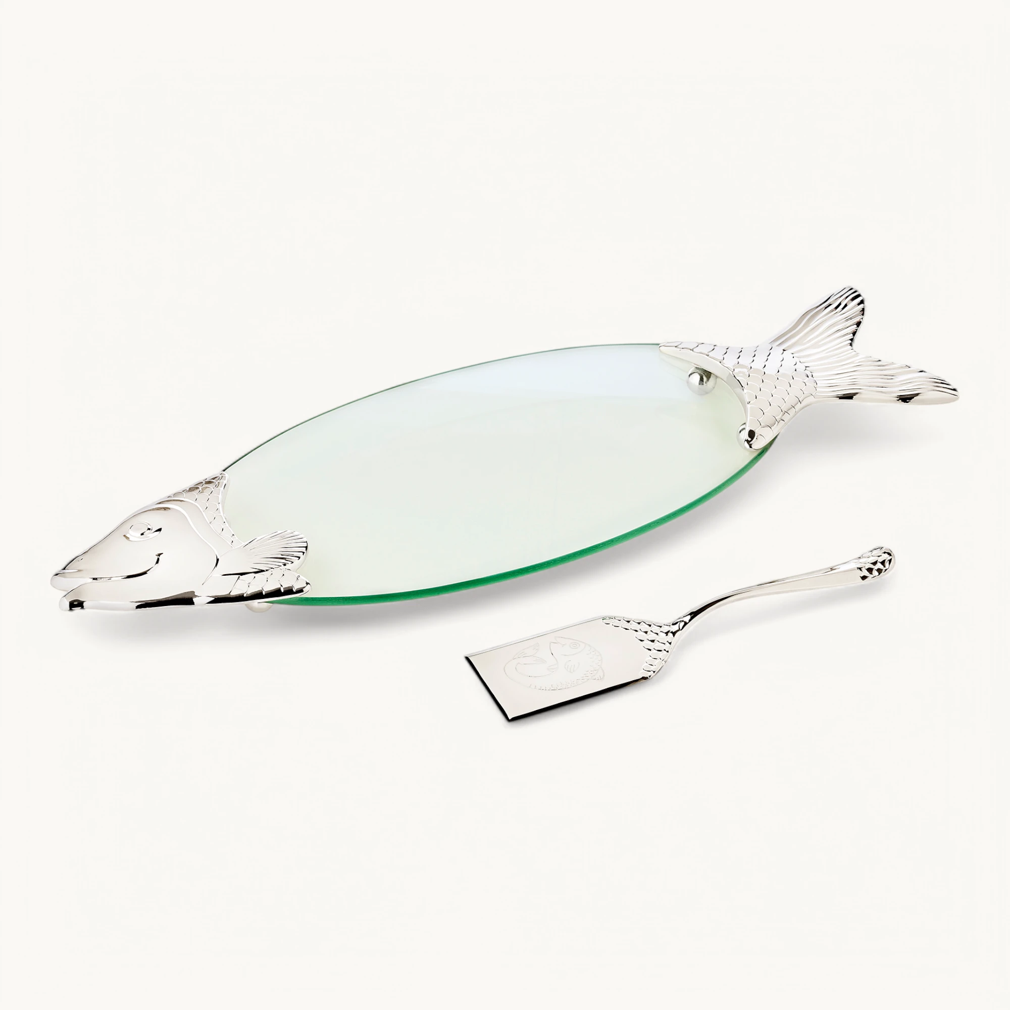 Fischplatte Salmon, Glas, edel versilberte Elemente, mit Heber, Länge 58 cm