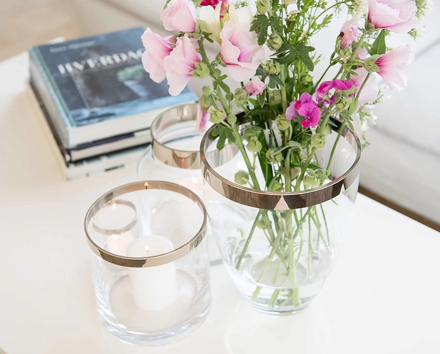 Vase Charlotte (Höhe 20 cm, Ø 15 cm), mundgeblasenes Kristallglas mit Platinrand