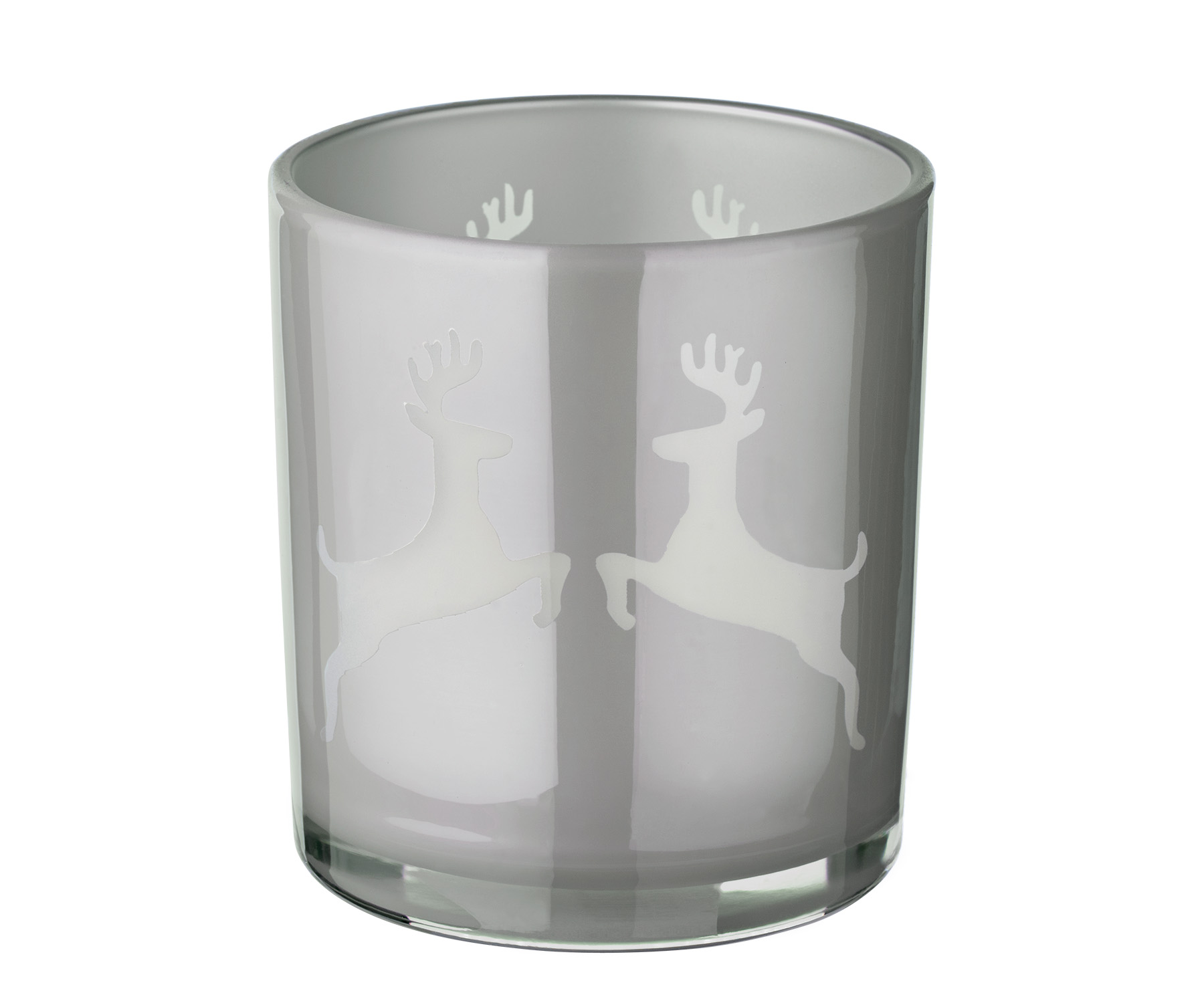 SALE 2er-Set Teelichtglas Loki (Höhe 8 cm), grau, Hirsch-Motiv