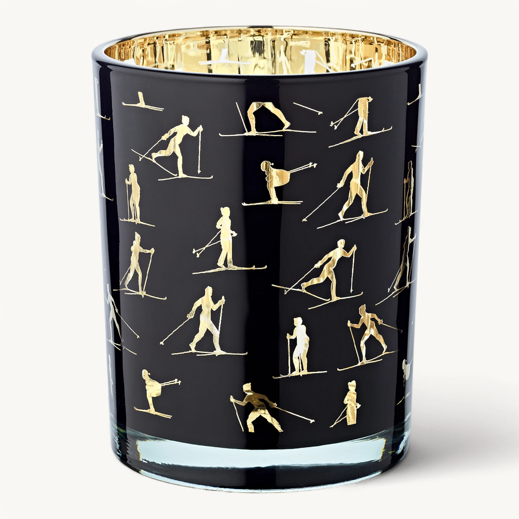 Teelichtglas Monty (Höhe 13 cm), schwarz & goldfarben, Skisport-Motiv