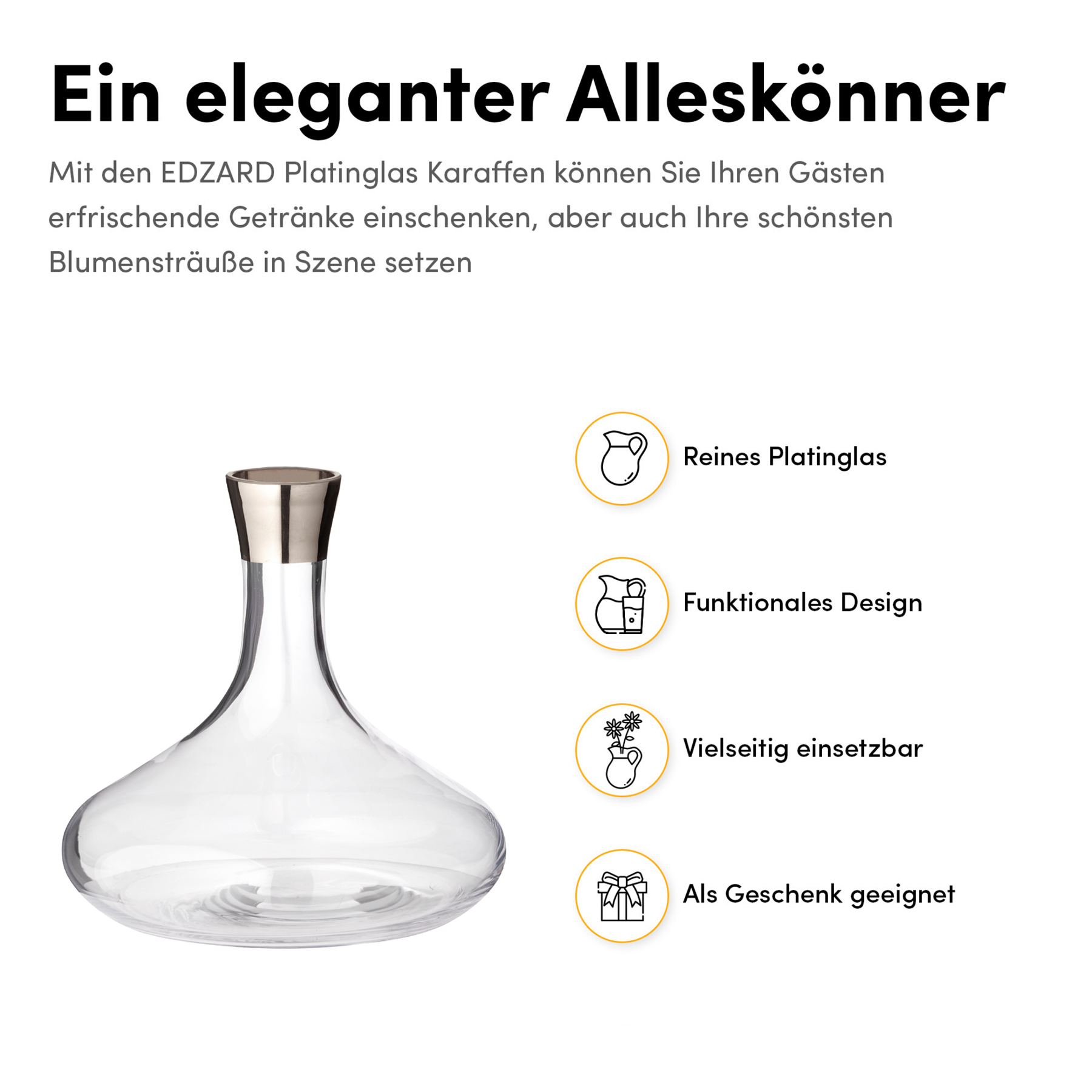 2. Wahl Karaffe Edward, mundgeblasenes Kristallglas mit Platinrand, Höhe 19 cm, 1,6 Liter